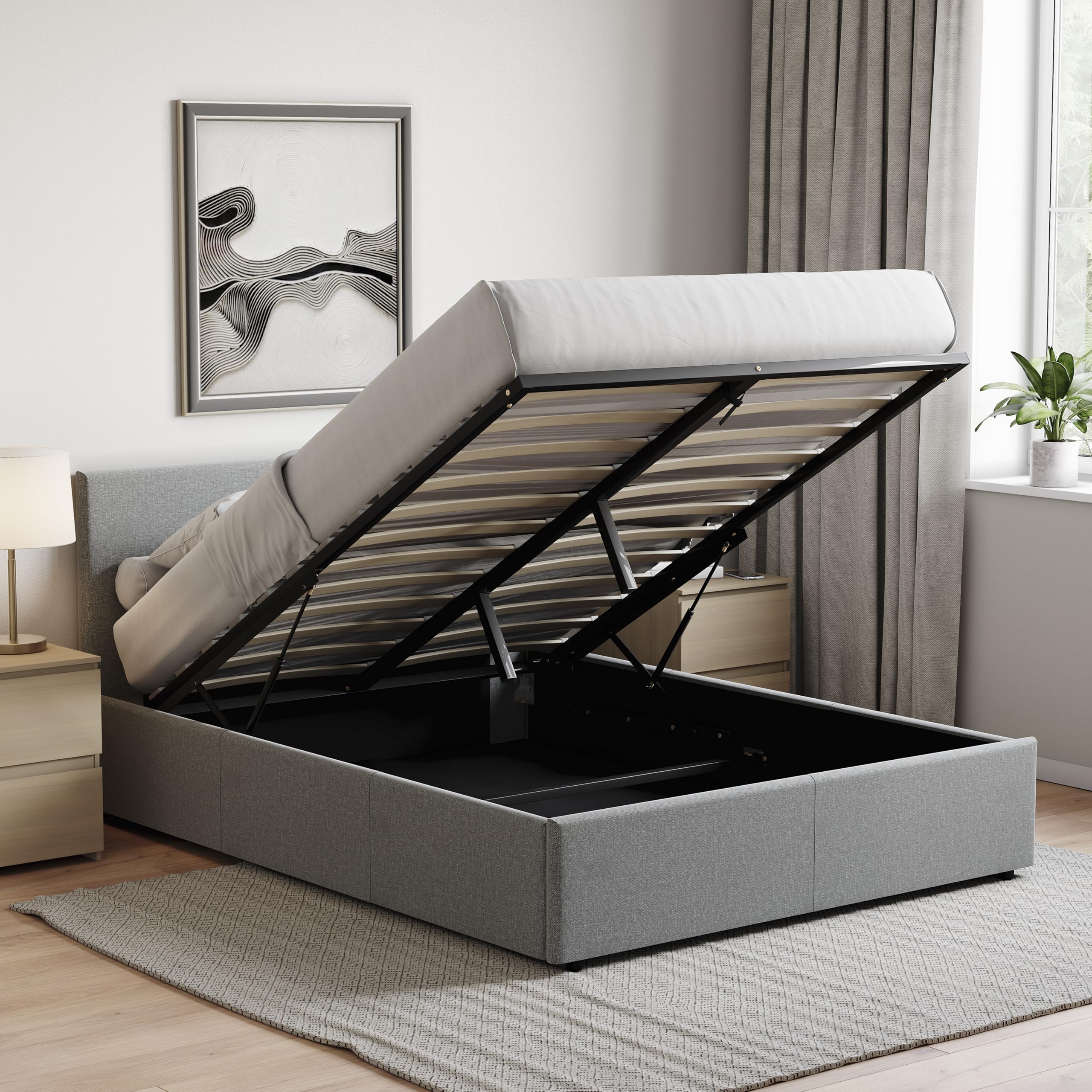 Vida Designs Veronica Double Ottoman Bed Frame - 4ft6 Size | Light Grey Linen Upholstery | Gas-Lift Storage 5