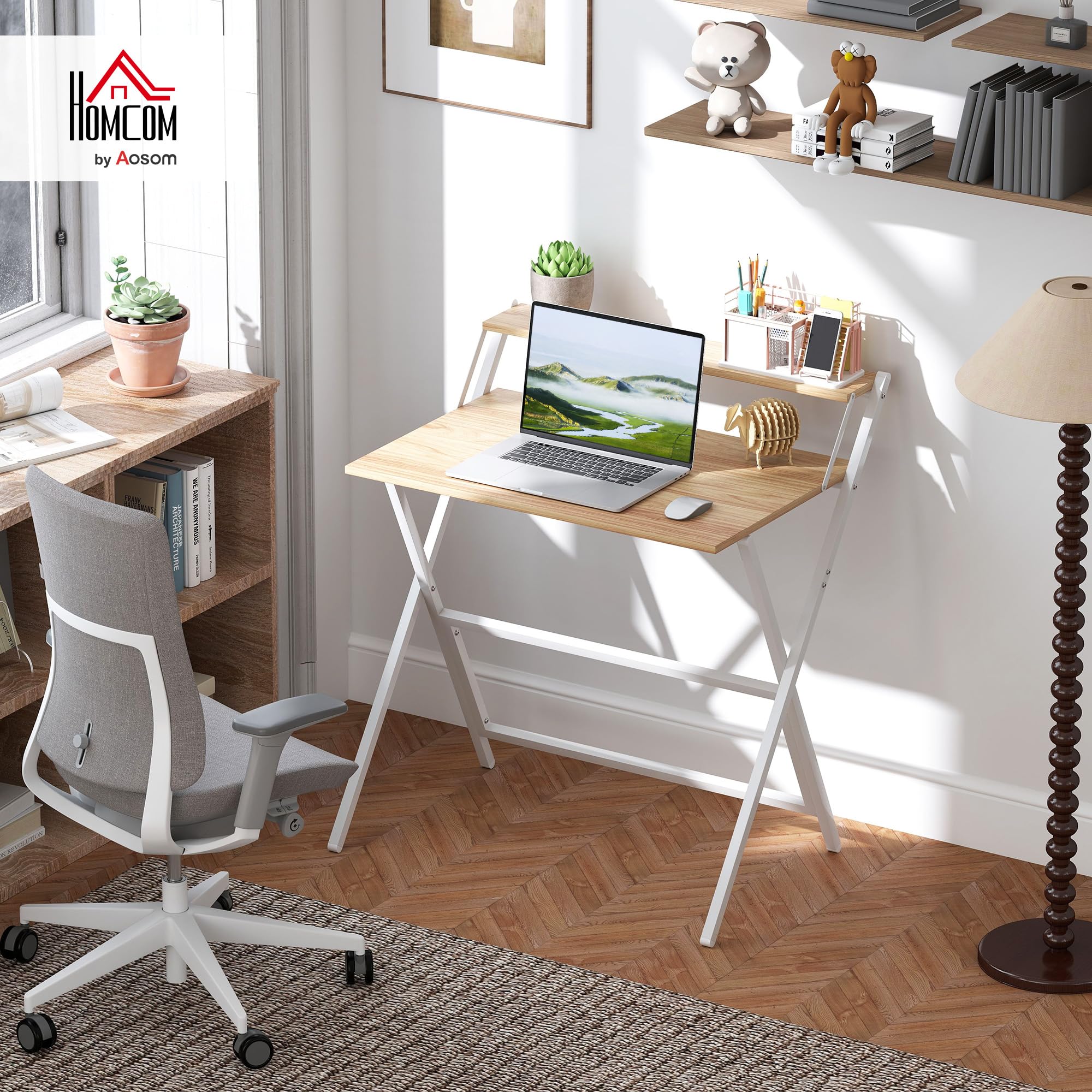 HOMCOM Folding Desk with Monitor Shelf - 81.5 cm Wide, Compact, Foldable | Natural Wood Finish