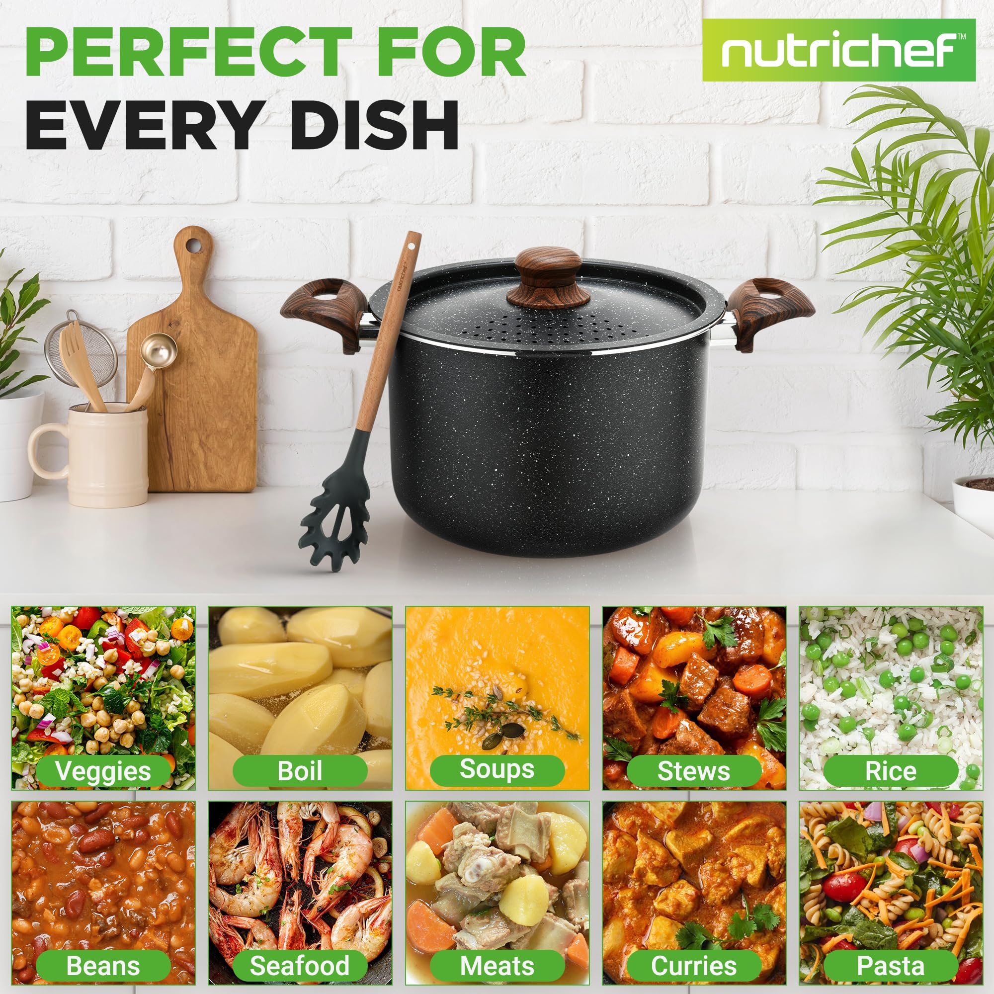 Nutrichef 5.1L Nonstick Pasta Pot with Strainer Lid and Pasta Fork | Aluminum | Black 4