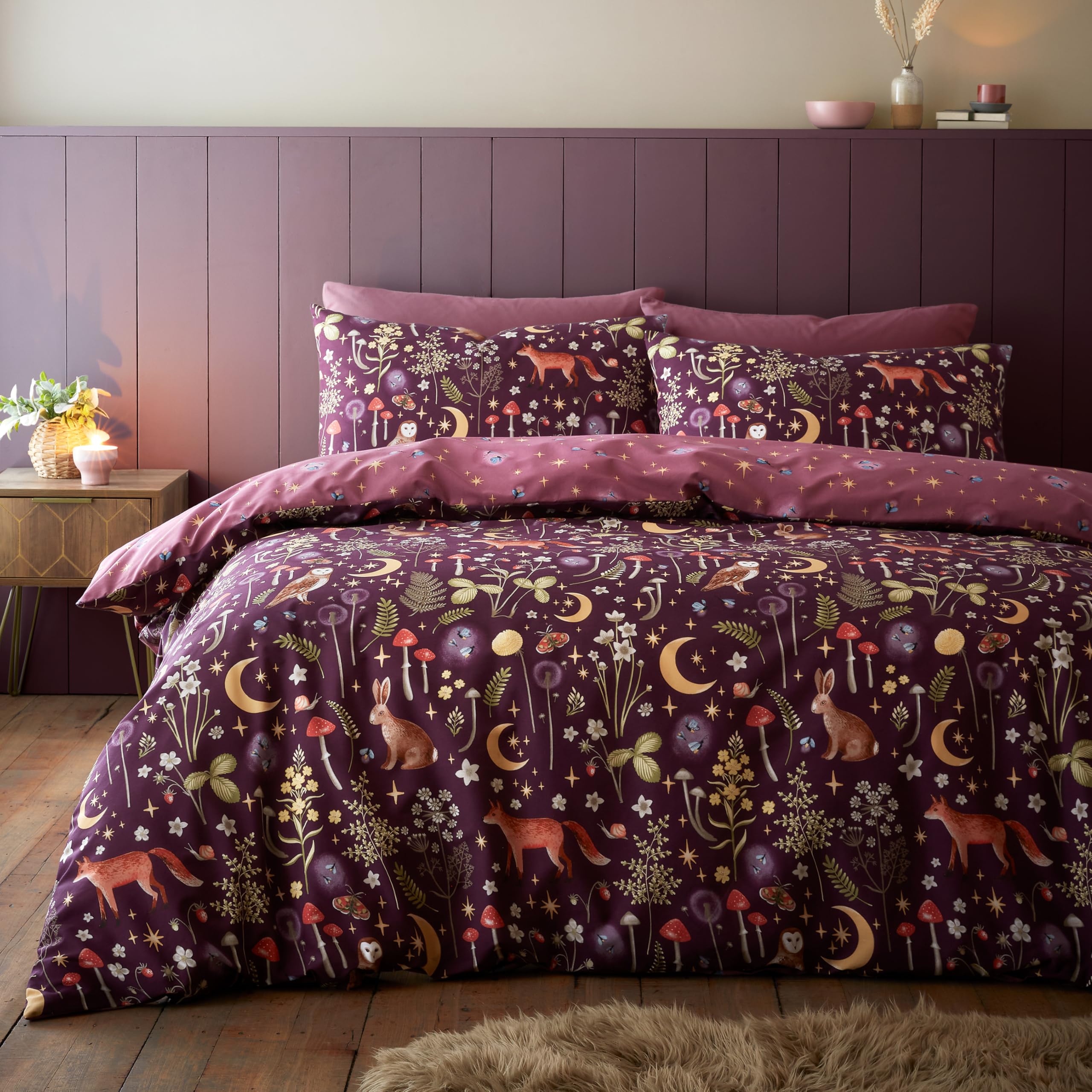 Catherine Lansfield Enchanted Twilight Reversible Double Duvet Cover Set with Pillowcases, Plum 1