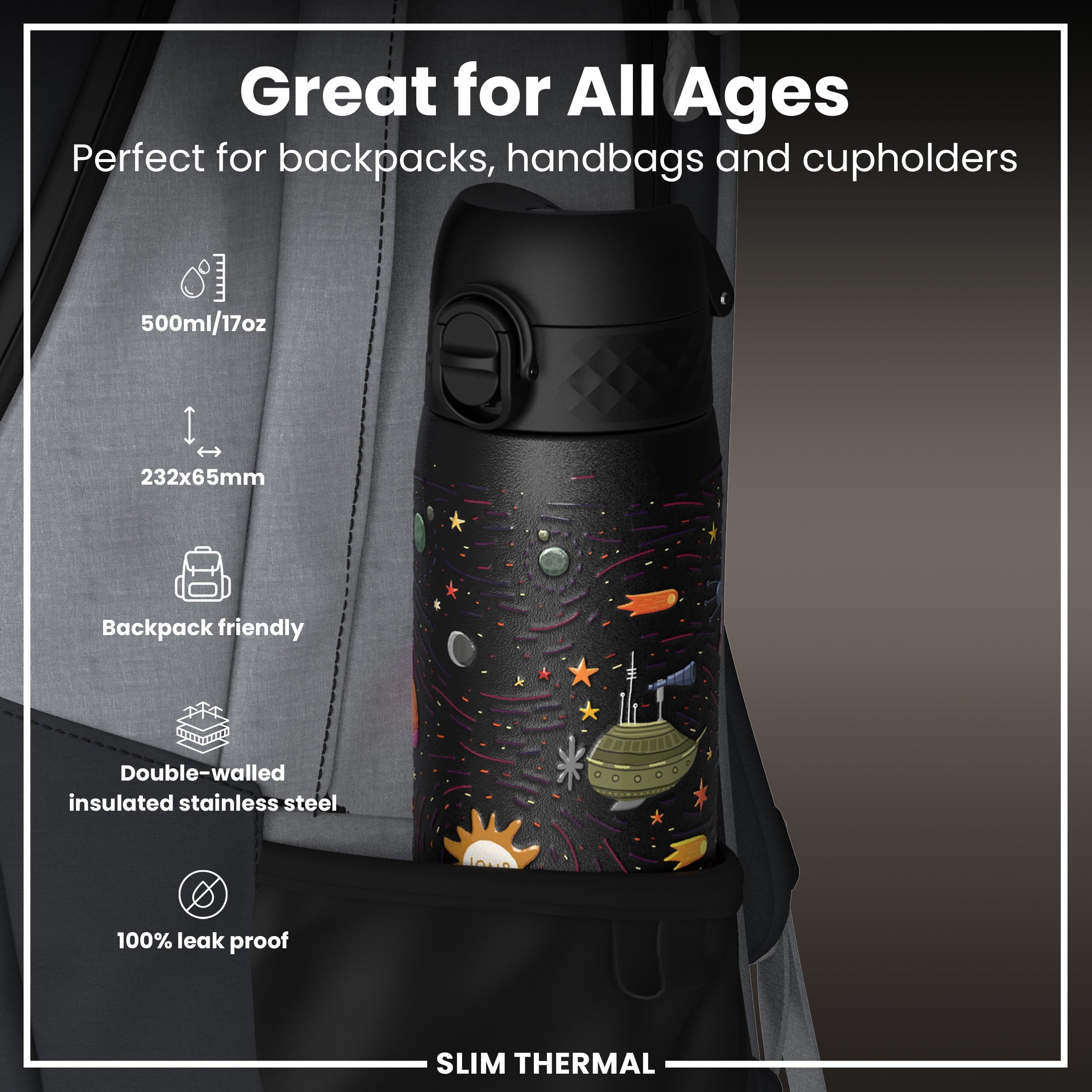 Ion8 Vacuum Insulated Steel Water Bottle - 500 ml/18 oz | Leak Proof | Spaceships
