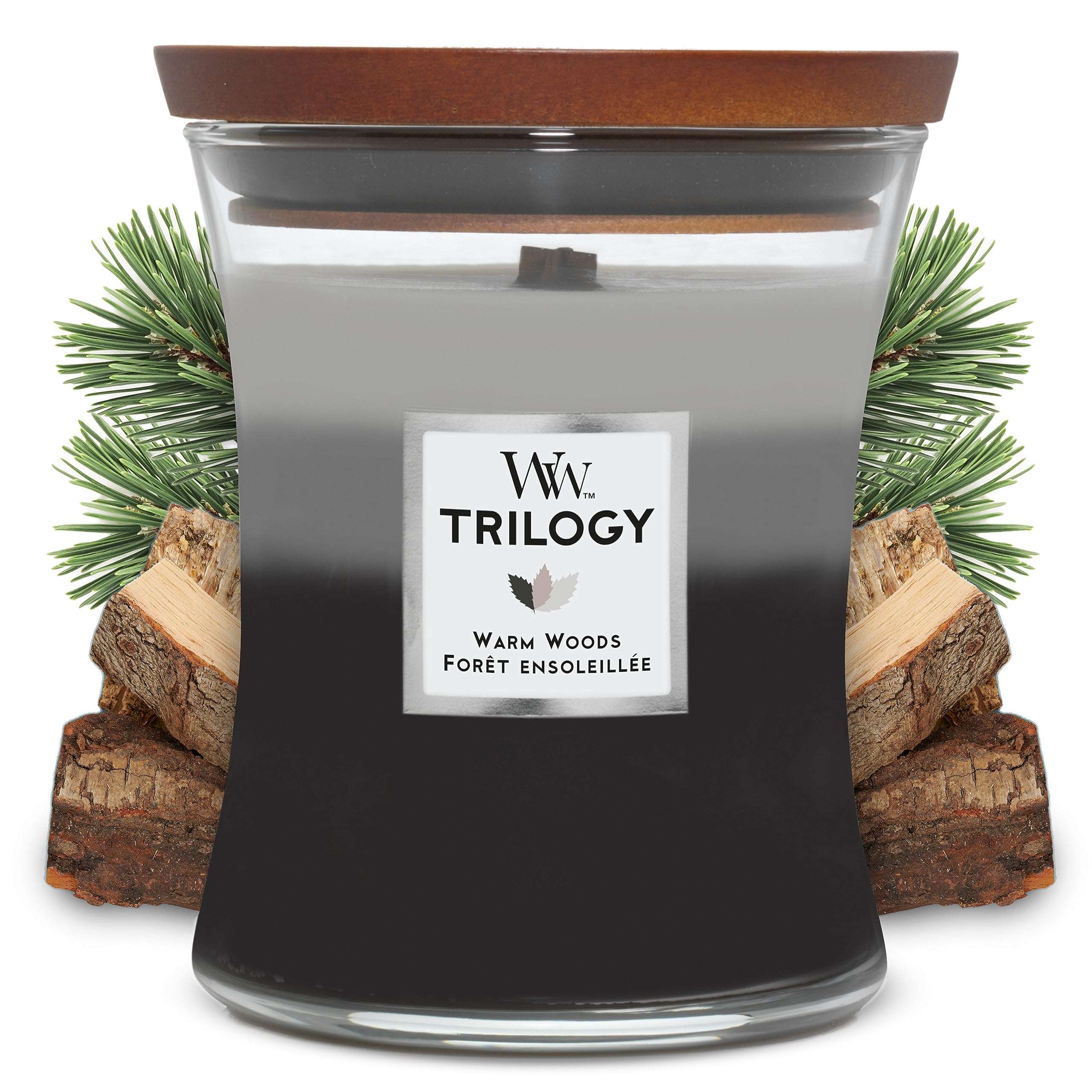 WoodWick Medium Hourglass Trilogy Scented Candle - Warm Woods | Up to 60 Hours Burn Time