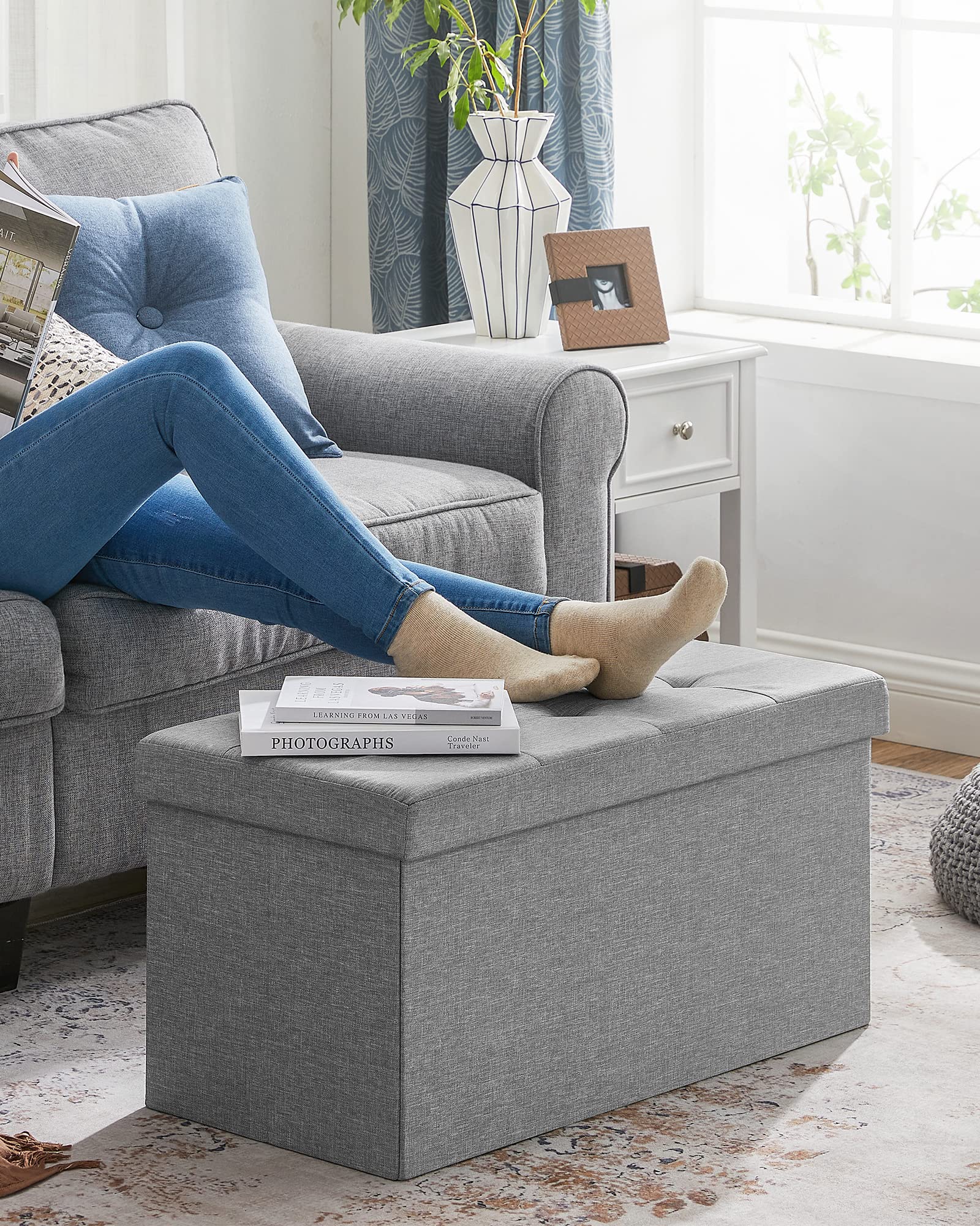 SONGMICS MAZIE Storage Ottoman Bench - 76 cm Folding Foot Rest | 300 kg Capacity | Light Grey 8
