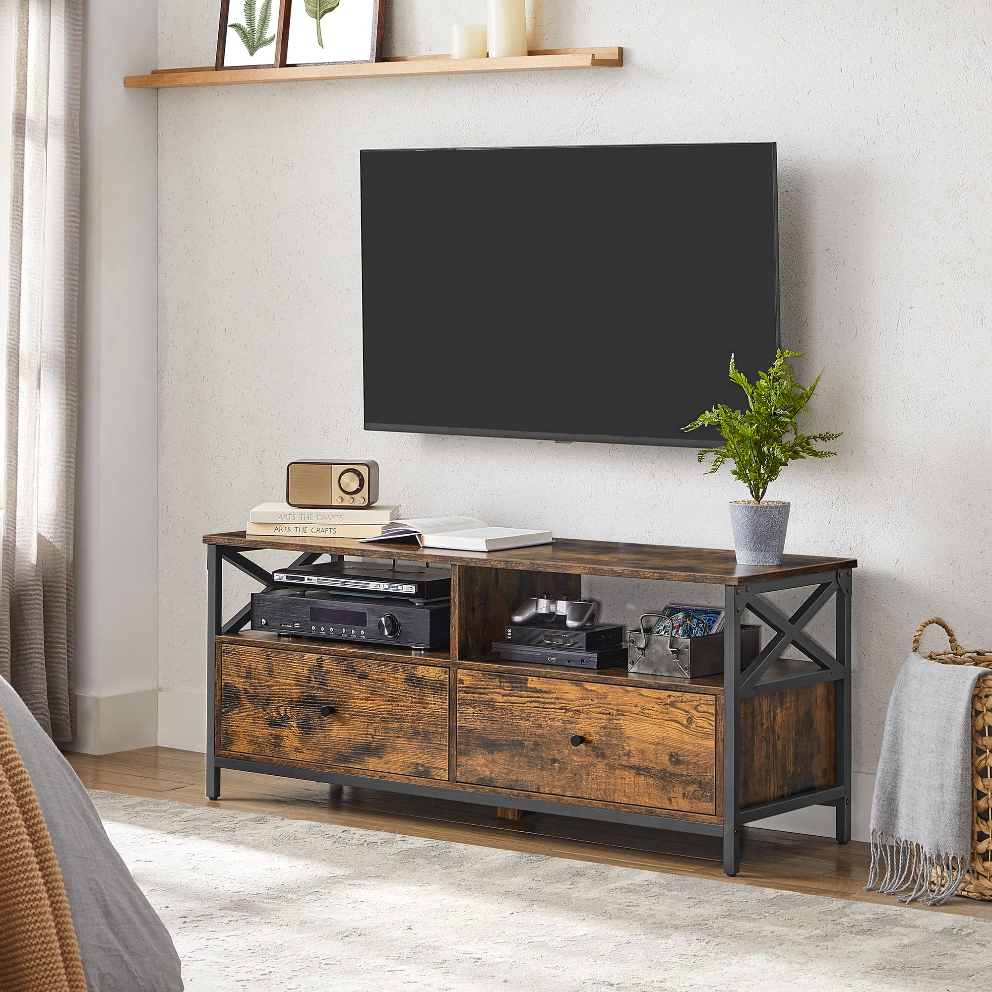 VASAGLE TV Stand for 55-Inch TV - Rustic Brown & Black | 2 Drawers, 2 Shelves | 120cm Wide 4