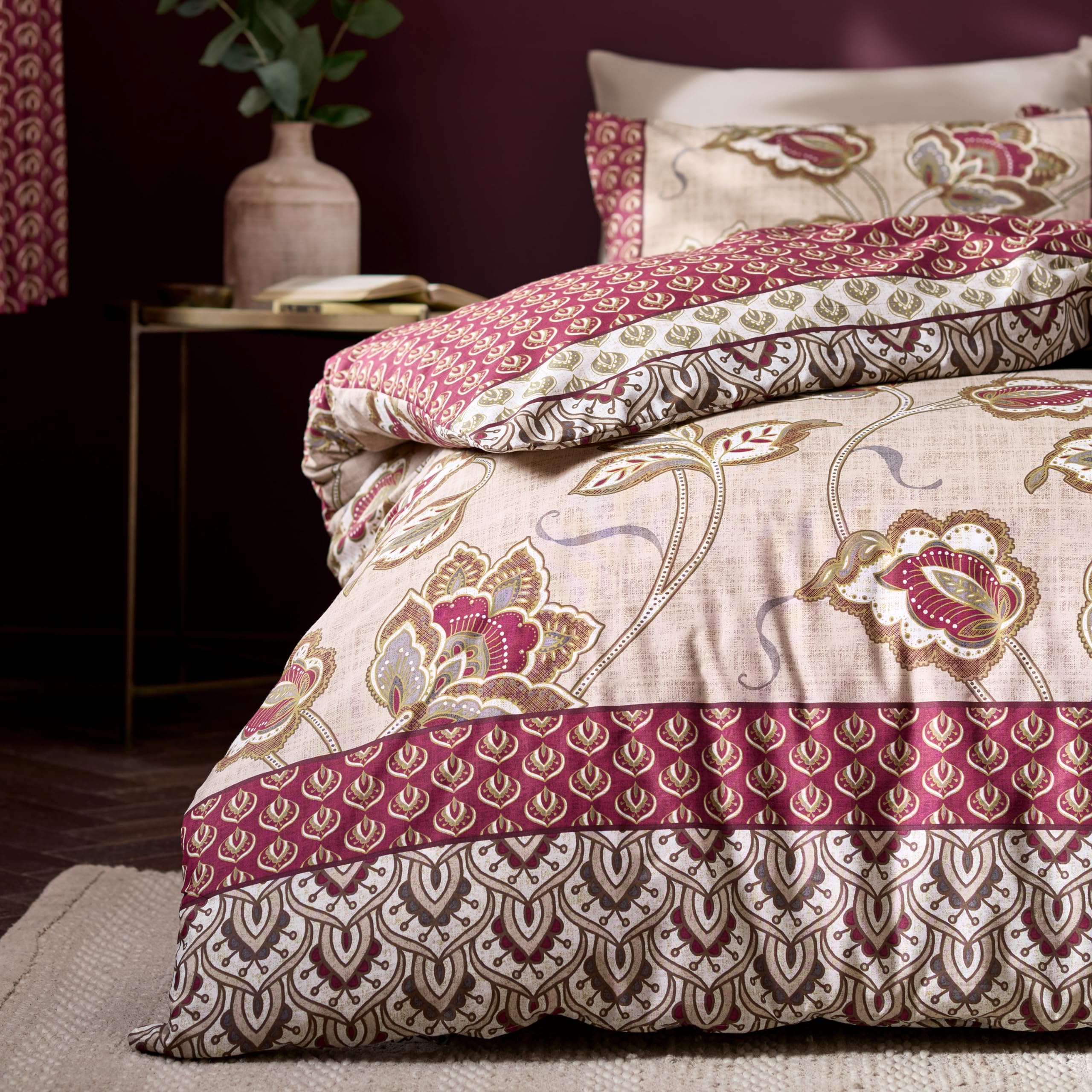Catherine Lansfield Kashmir Paisley Floral Reversible Double Duvet Cover Set with Pillowcases, Natural/Red 4