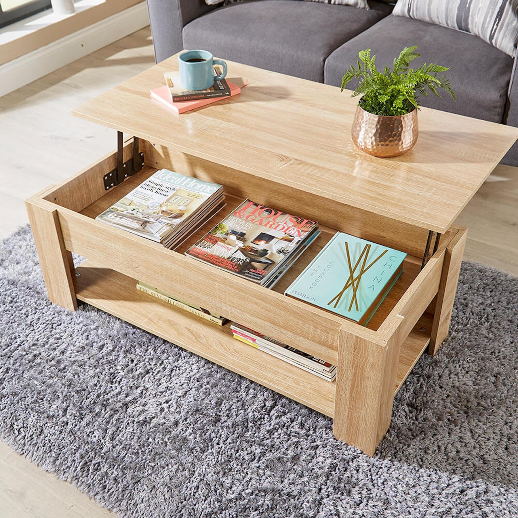 Home Source Modern Coffee Table with Lift Top Storage and Magazine Shelf | Oak Effect | 100cm 8