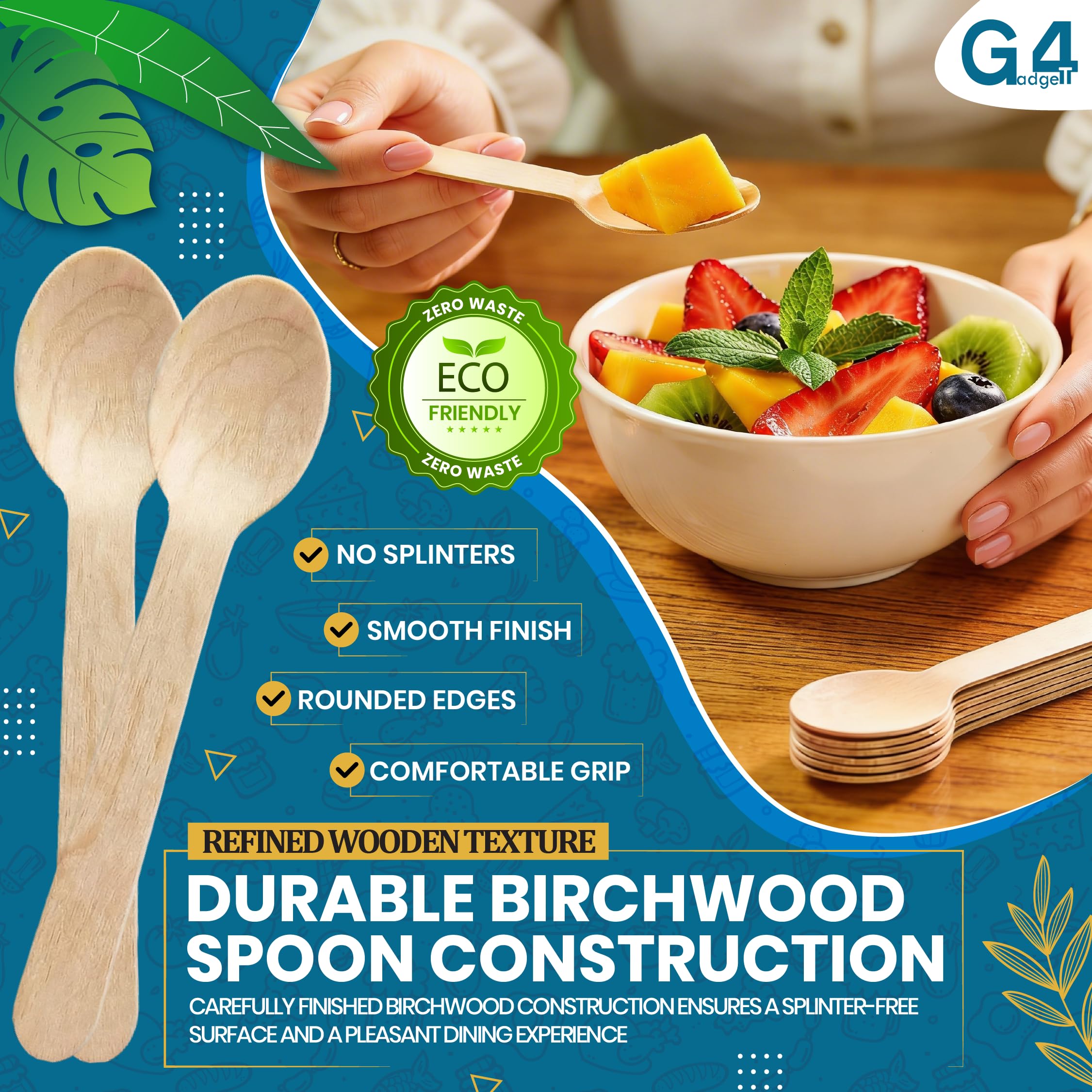 G4GADGET 100-Pack Wooden Spoons - Durable & Splinter-Free Disposable Utensils | Light Brown Wood 4