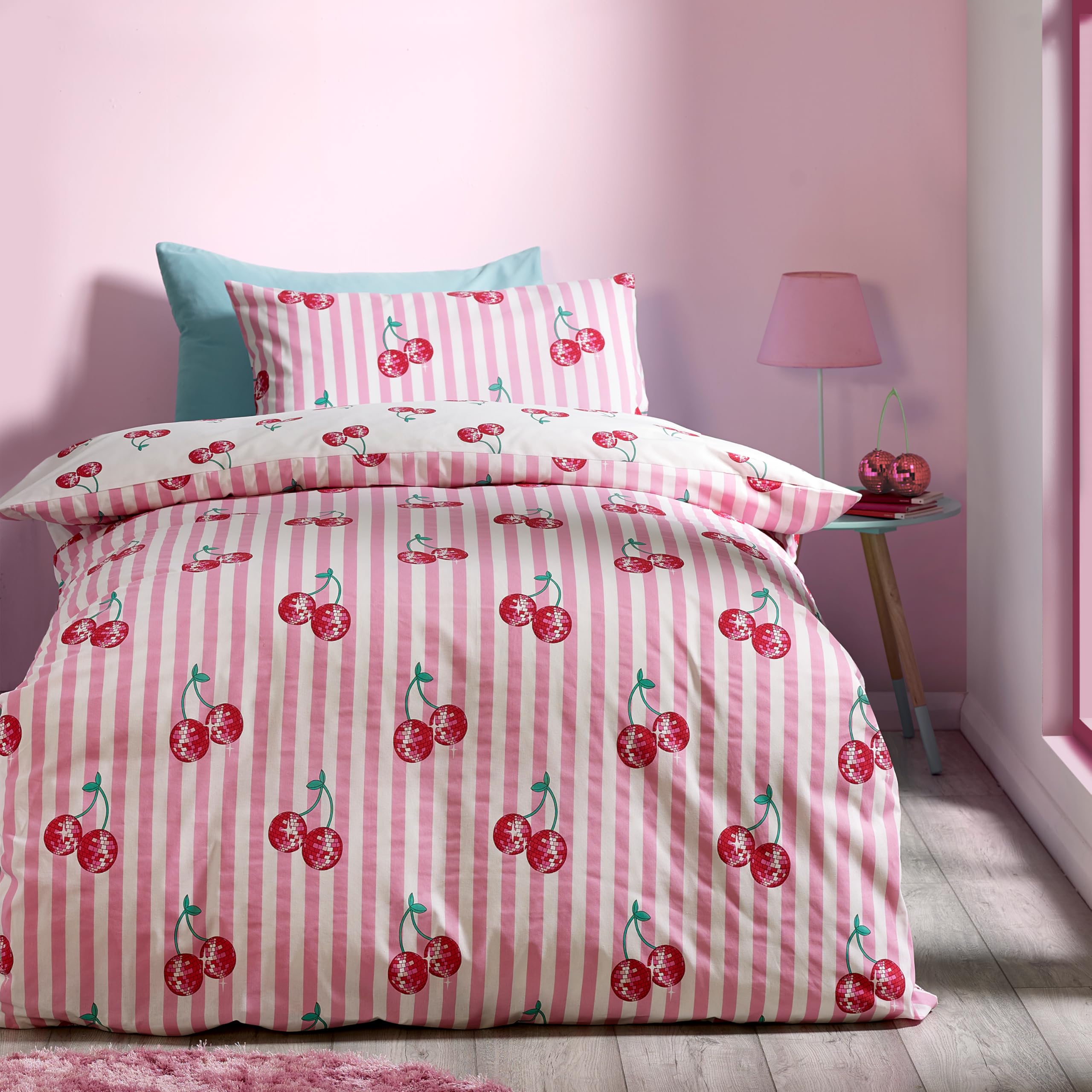 Catherine Lansfield Disco Cherries Stripes Reversible Single Duvet Cover Set | Pink | Polycotton 1