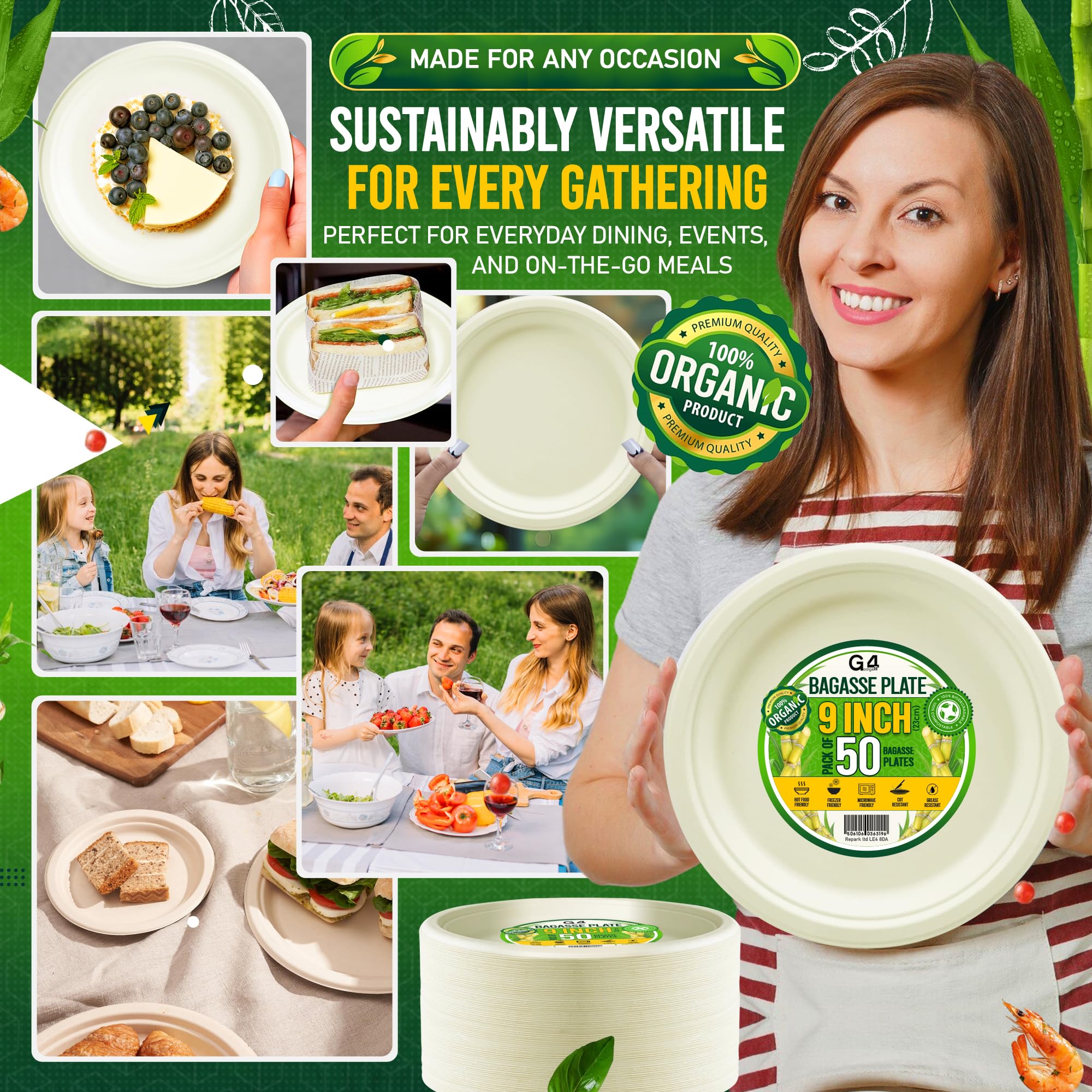 G4GADGET 9 Inch Bagasse Paper Plates - 50 Pack | Eco-Friendly, Microwave & Freezer Safe 7
