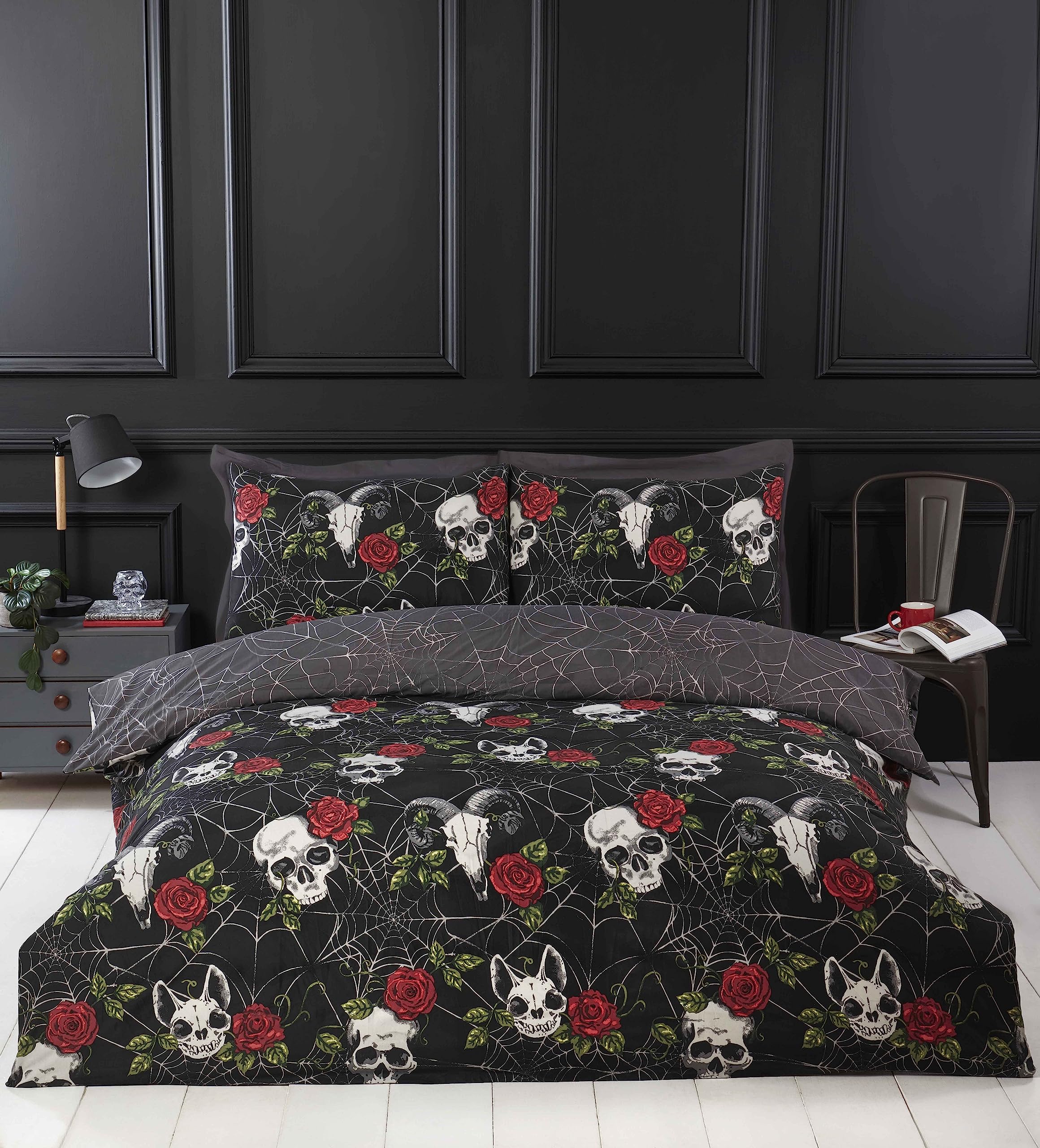 Rapport Home Skulls & Roses Double Duvet Cover Set | Reversible Gothic Print | Polyester 1
