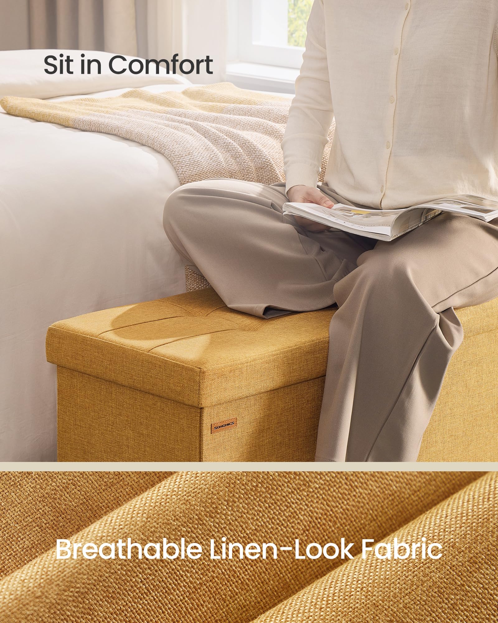 SONGMICS MAZIE Storage Ottoman Bench - 110 cm Folding Foot Rest | 131L Capacity | 300 kg Load | Ginger 4