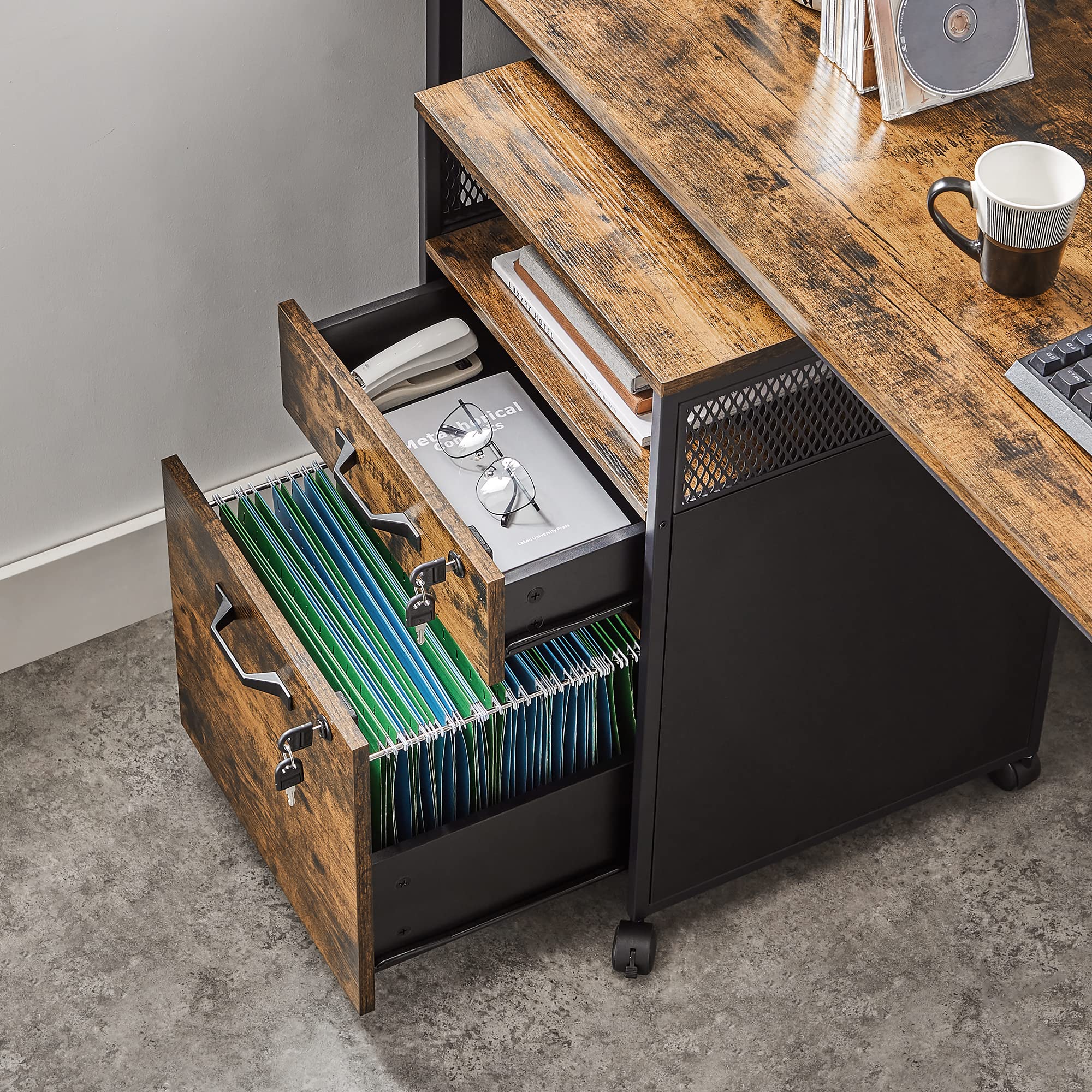 VASAGLE Mobile File Cabinet with 2 Lockable Drawers | Rustic Brown + Black | 44x42x69 cm 9