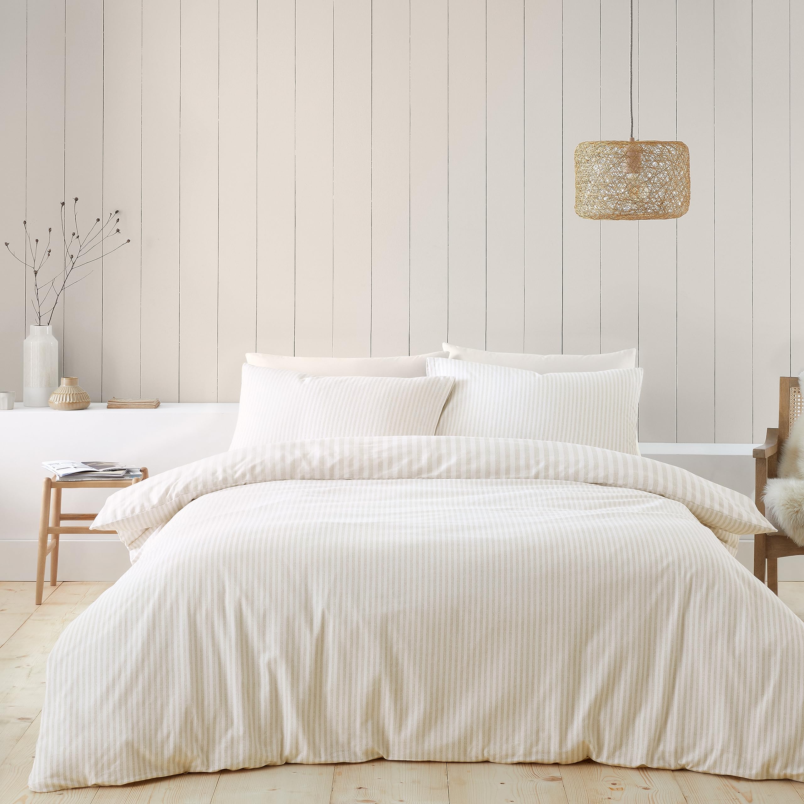 Catherine Lansfield Brushed Cotton Stripe Reversible Double Duvet Cover Set Natural 2