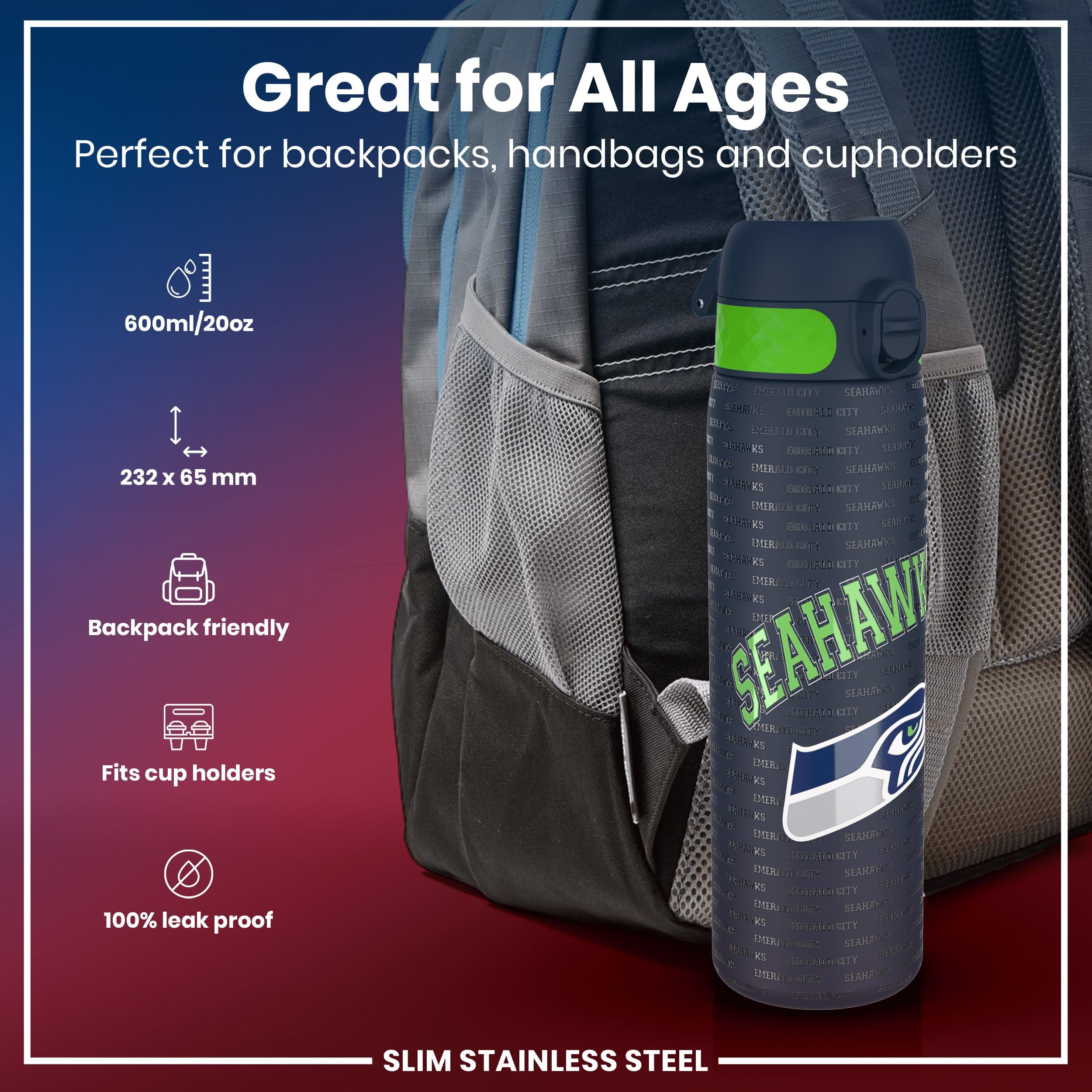 Ion8 NFL Seahawks Lightweight Steel Water Bottle - 600 ml | Leak Proof | Dishwasher Safe