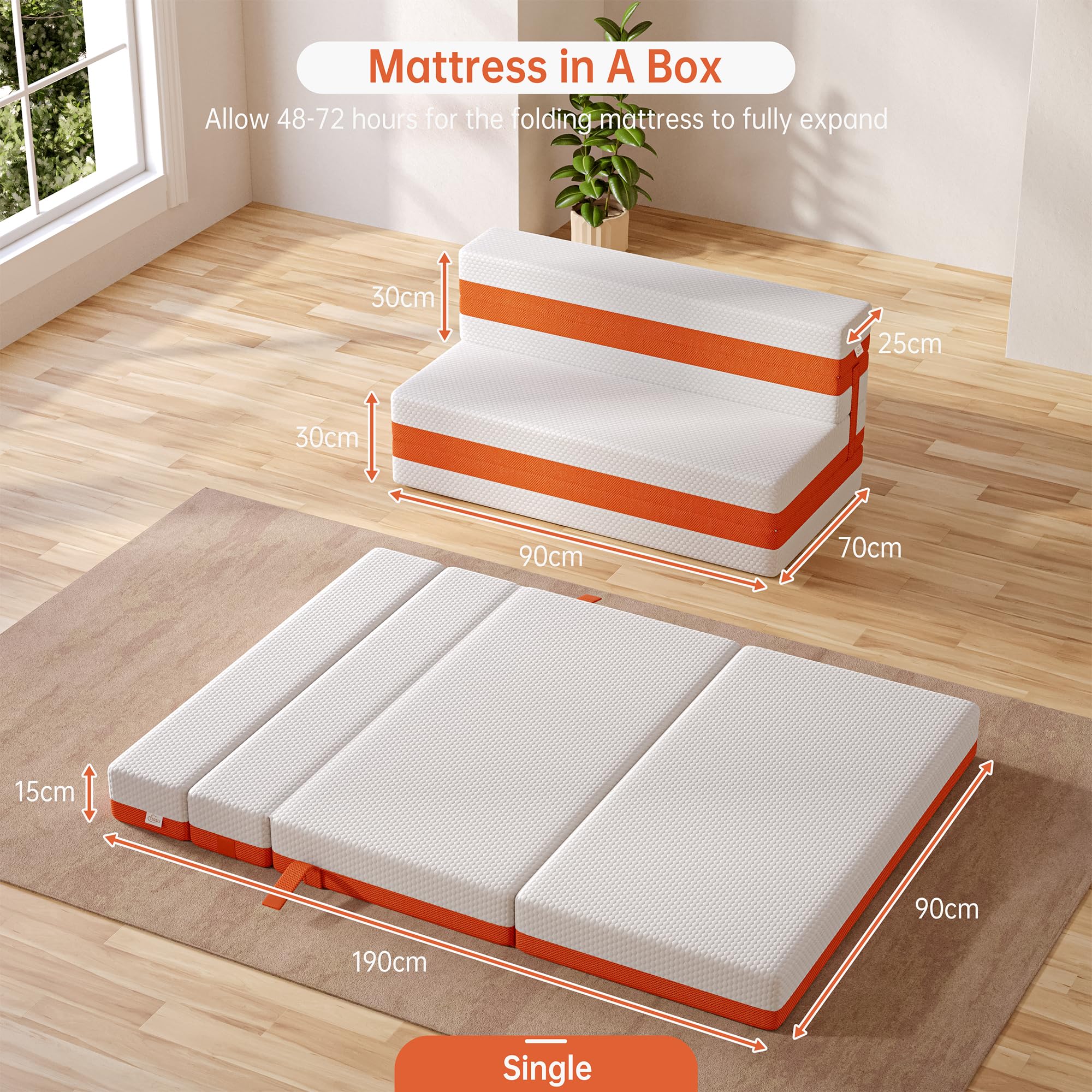 TeQsli Folding Mattress - 15cm Single Memory Foam, OEKO-TEX & CertiPUR-US Approved | Portable 6