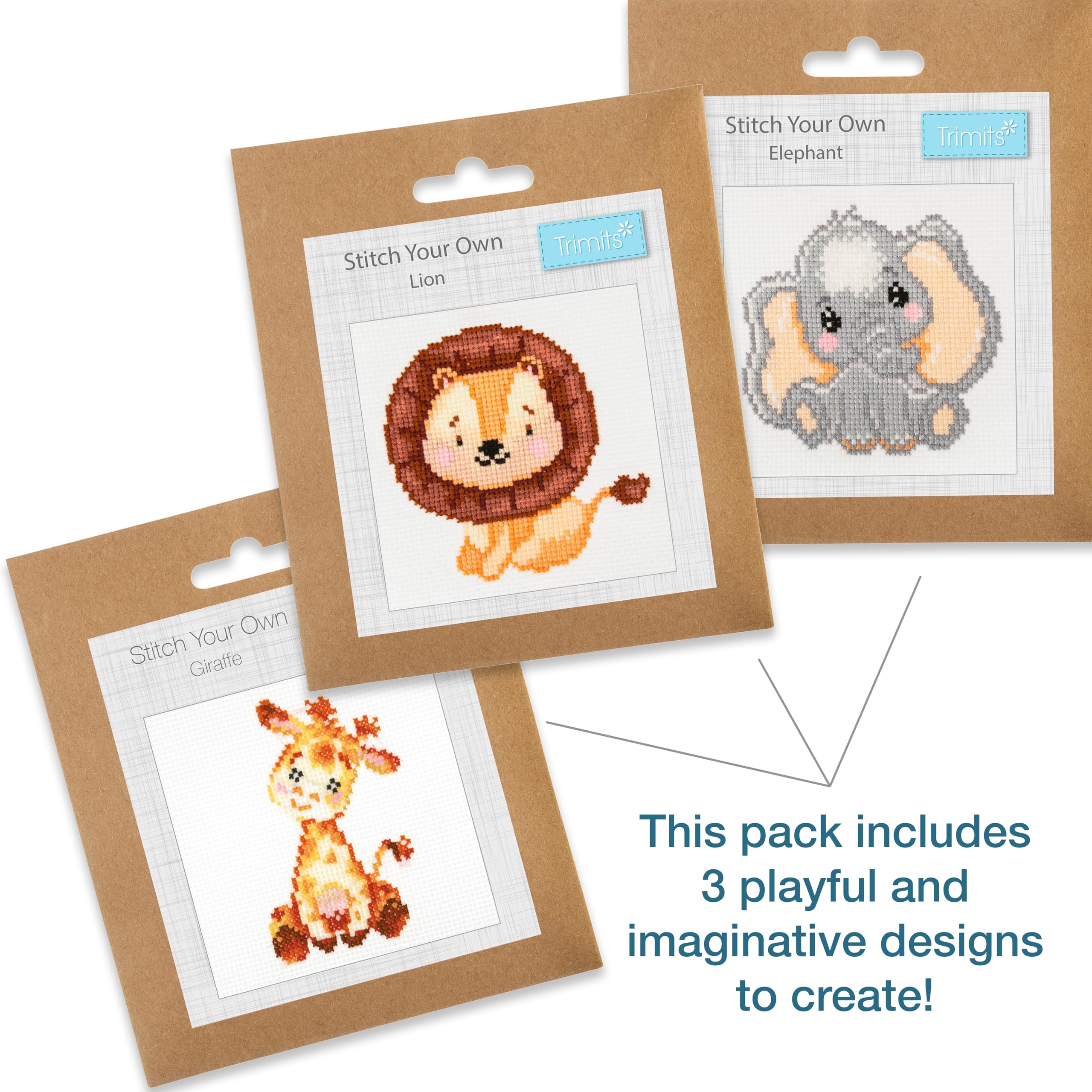 Trimits 3PK Cross Stitch Kits for Adults Beginners - Pre Printed Zoo Animals | 13x13cm 2
