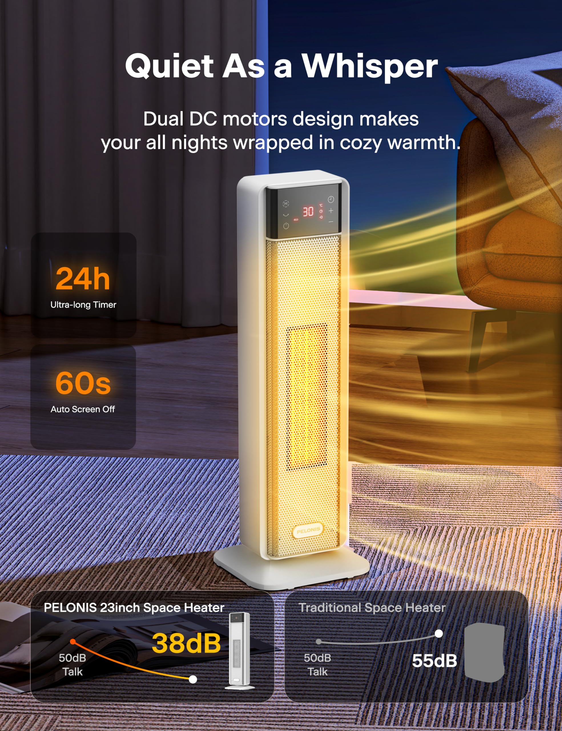 Pelonis Electric Heater - 2000W Silent Portable Ceramic Room Heater with 75° Oscillation, 24H Timer, Thermostat | White 4