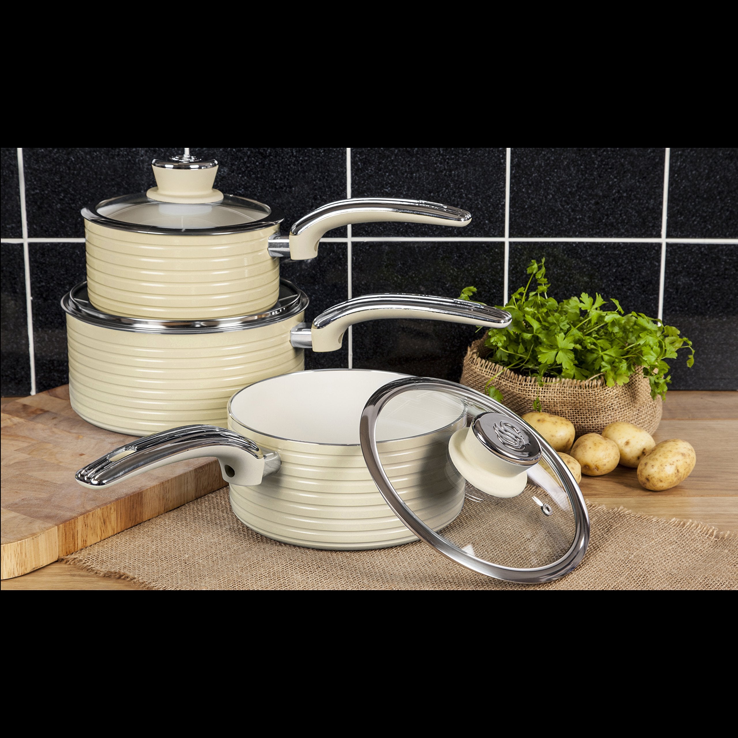 Swan Retro Induction Saucepan Set - 3 Piece (16/18/20cm) | Ceramic Non-Stick | Cream 2