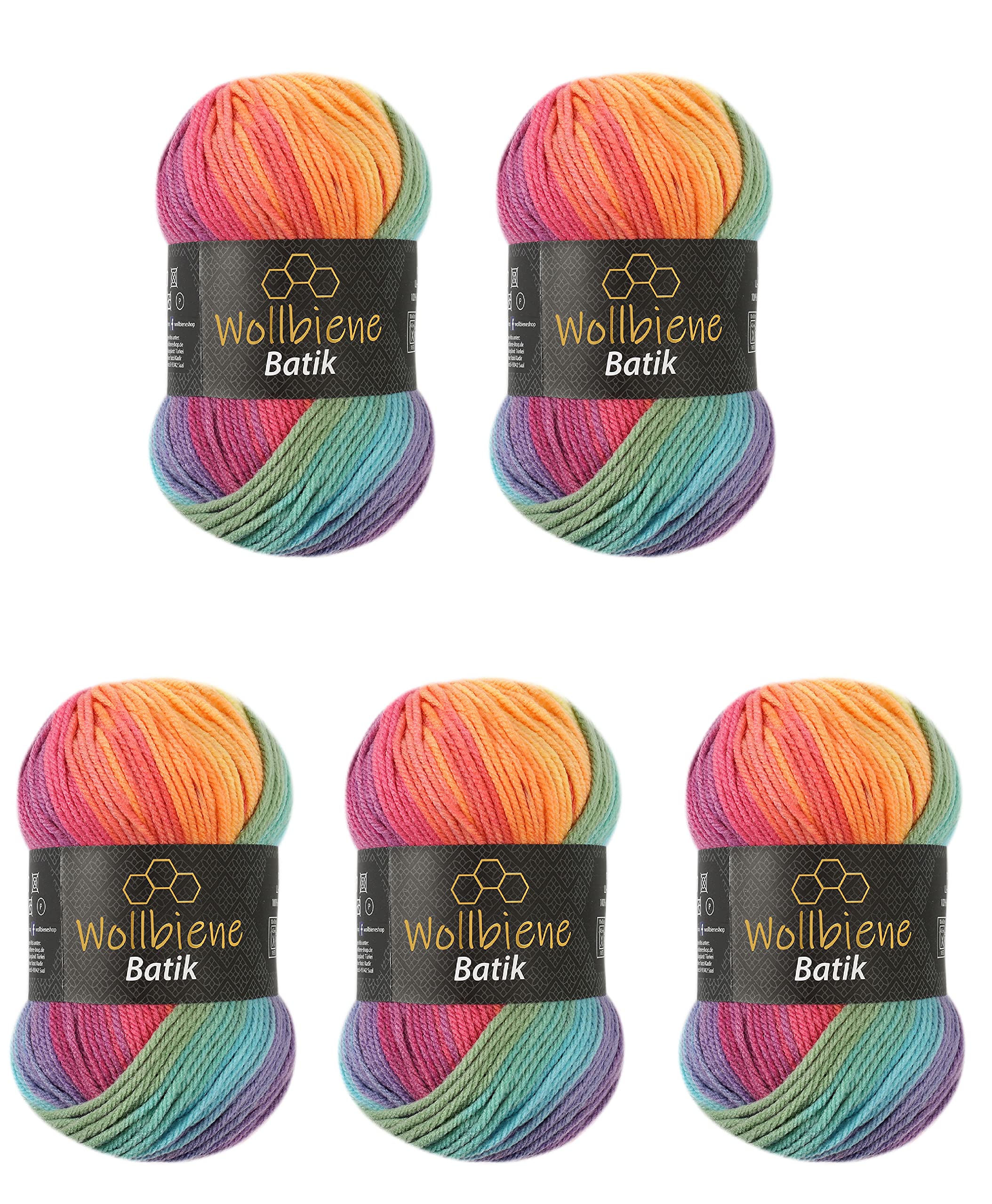 Wollbiene Batik Yarn - 5 x 100g Balls (500g Total) | Acrylic | Color 5040 Pastel Rainbow 1
