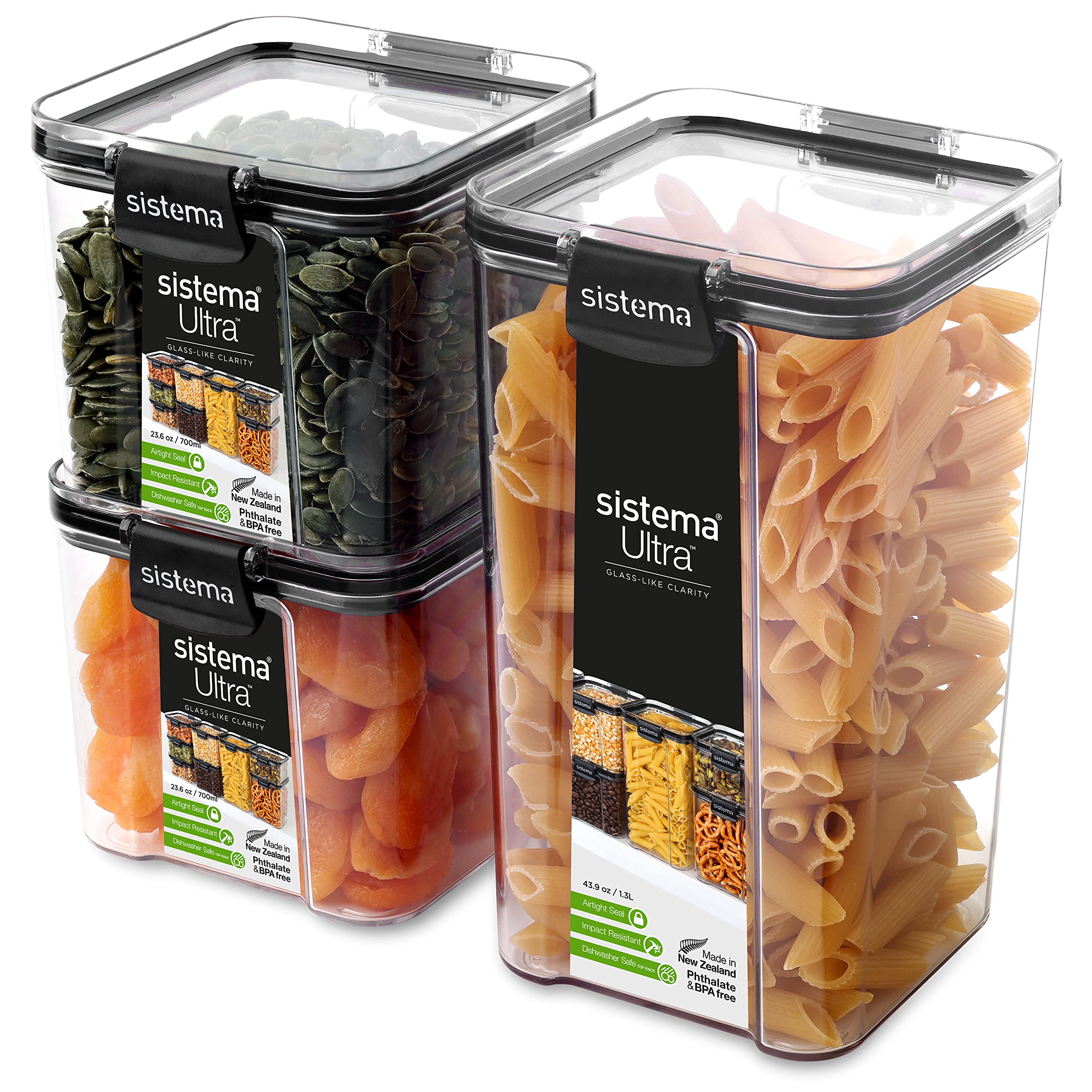 Sistema Ultra Tritan Airtight Food Container Set - 3 Square Containers (1.3L + 2x 700ml) | Stackable, BPA-Free 1