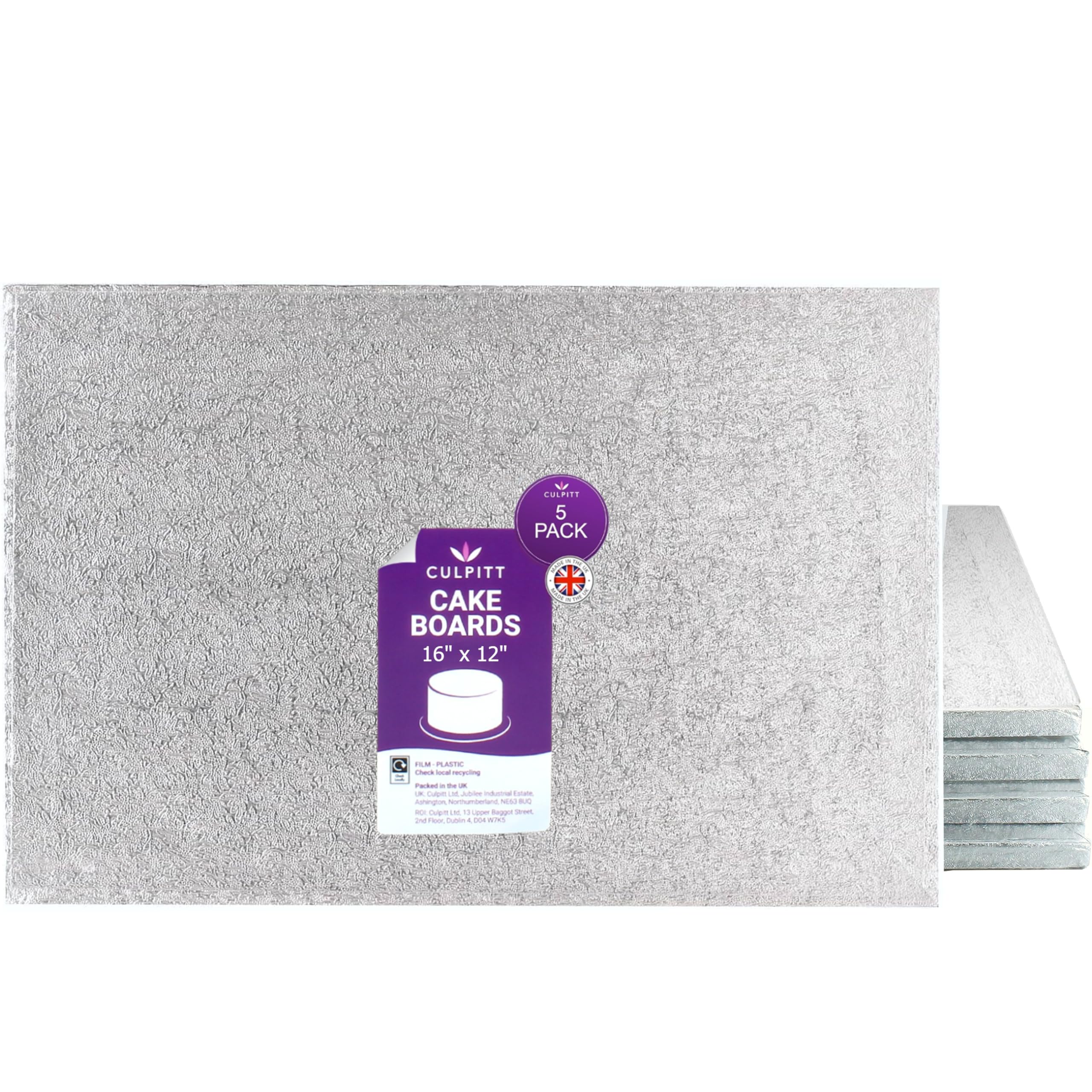 Culpitt Oblong Cake Drum Boards - 16' x 12' Silver Foil, 12mm Thick | 5 Pack 1