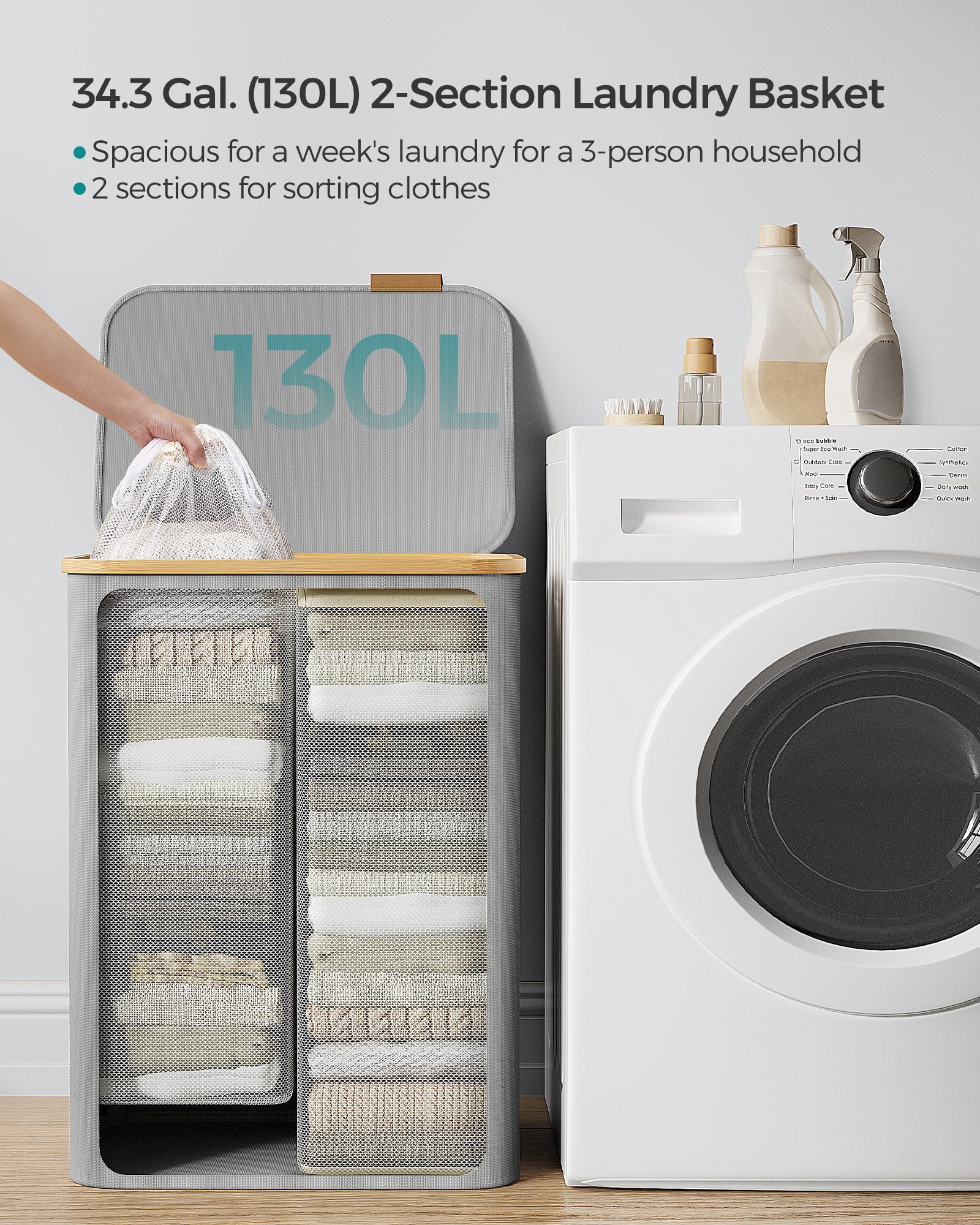SONGMICS 2-Section Laundry Basket - 130L Capacity, Collapsible, Dove Grey | Oxford Fabric 3