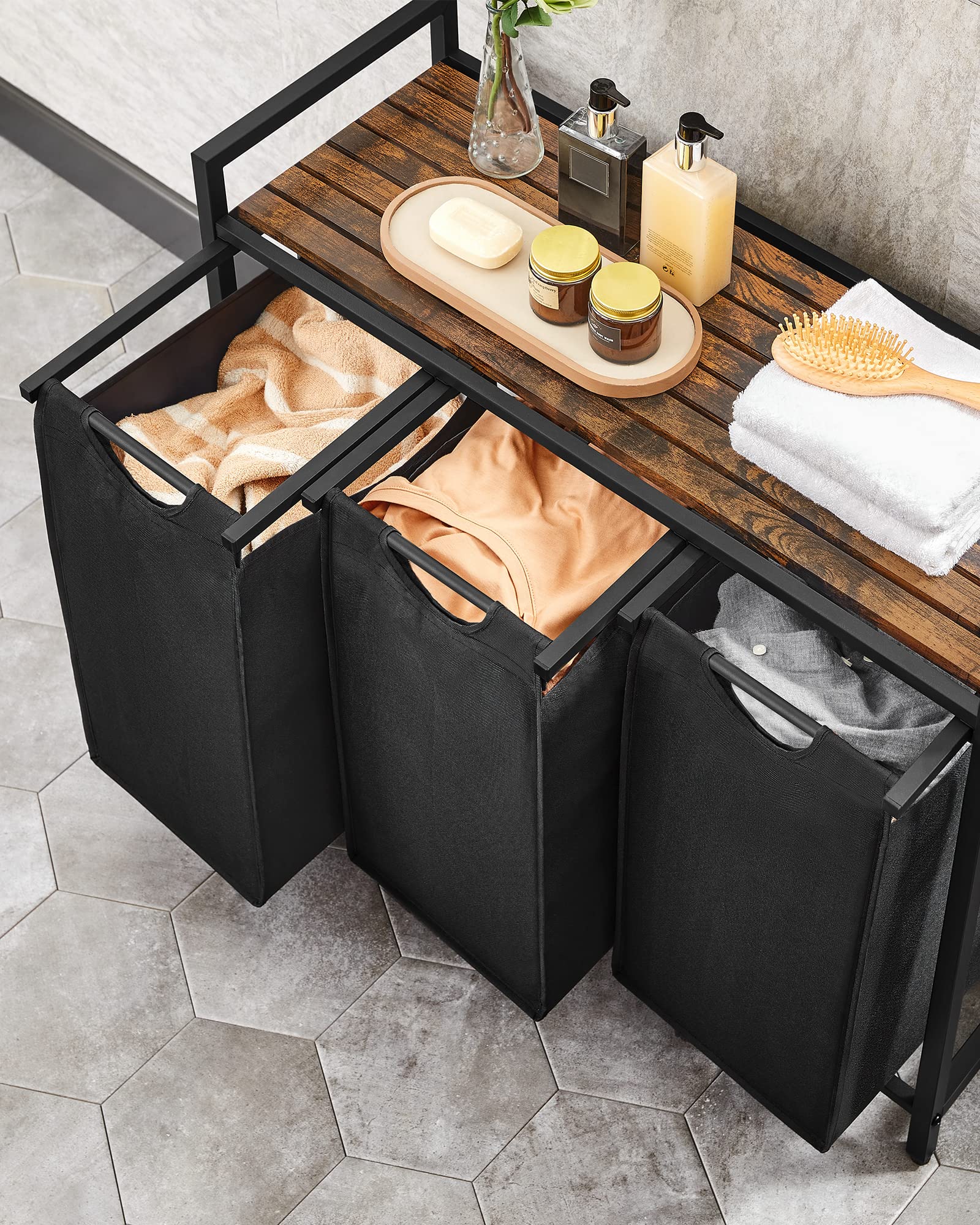 VASAGLE 3-Compartment Laundry Hamper with Pull-Out Liners | 120 L Capacity | Rustic Brown + Black 4