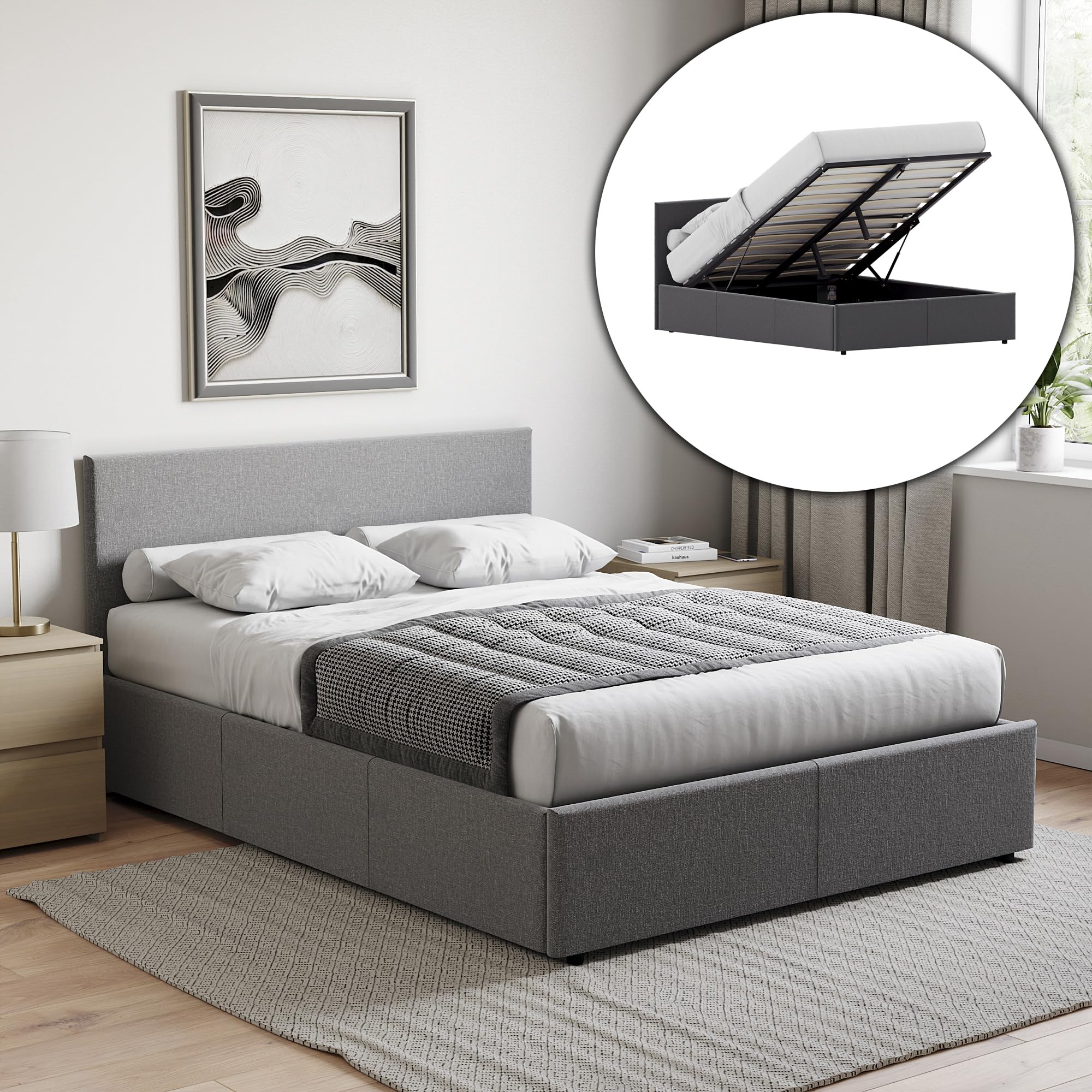 Vida Designs Veronica Double Ottoman Bed Frame - 4ft6 Size | Dark Grey Linen Upholstery | Gas-Lift Storage 1
