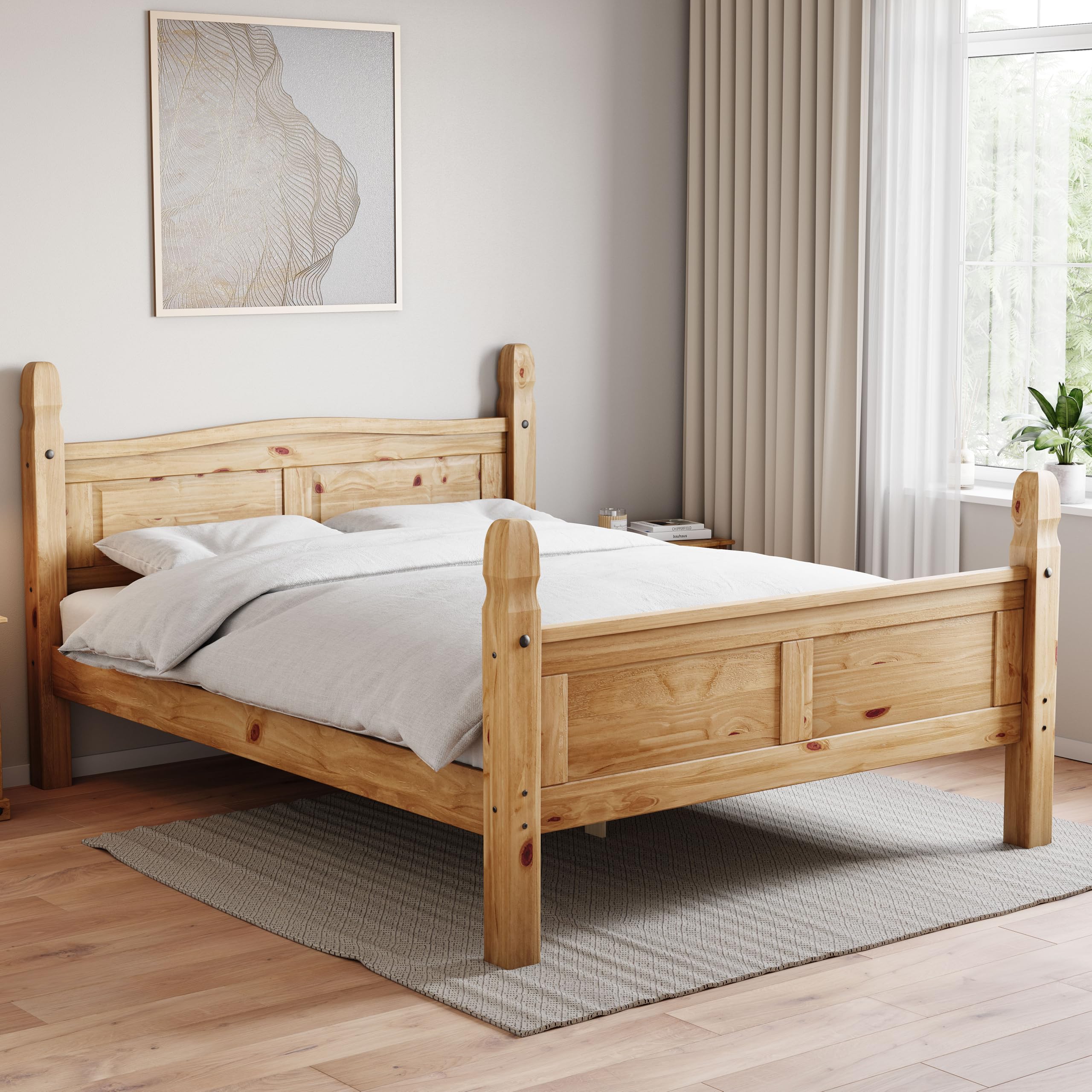 Vida Designs Corona Solid Pine Wood Bed Frame - Double Size | High Foot End | Waxed Finish 1