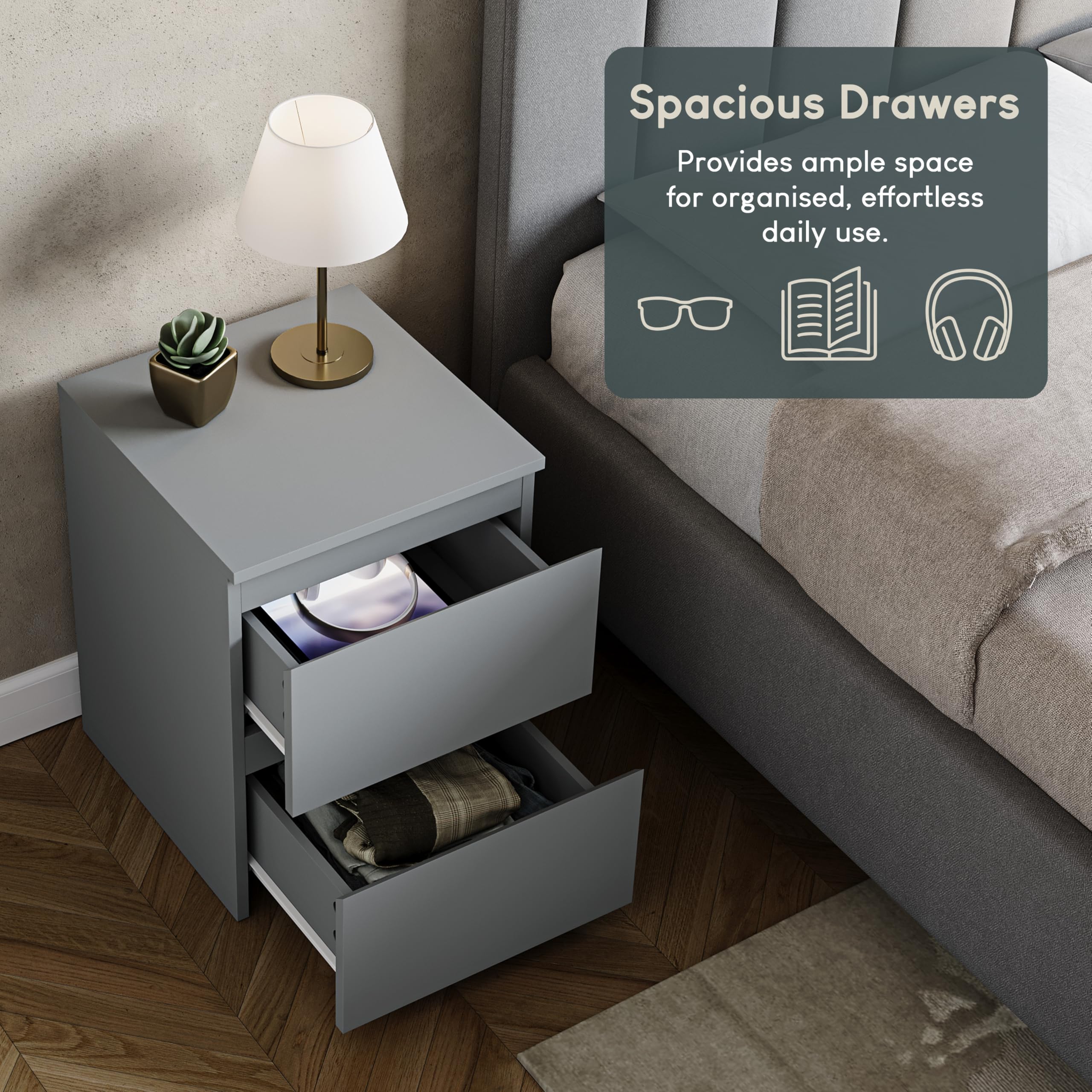 Vida Designs Denver 2 Drawer Large Bedside Cabinet | Grey Metal Construction | H48 x W39.5 x D39.5 cm 4