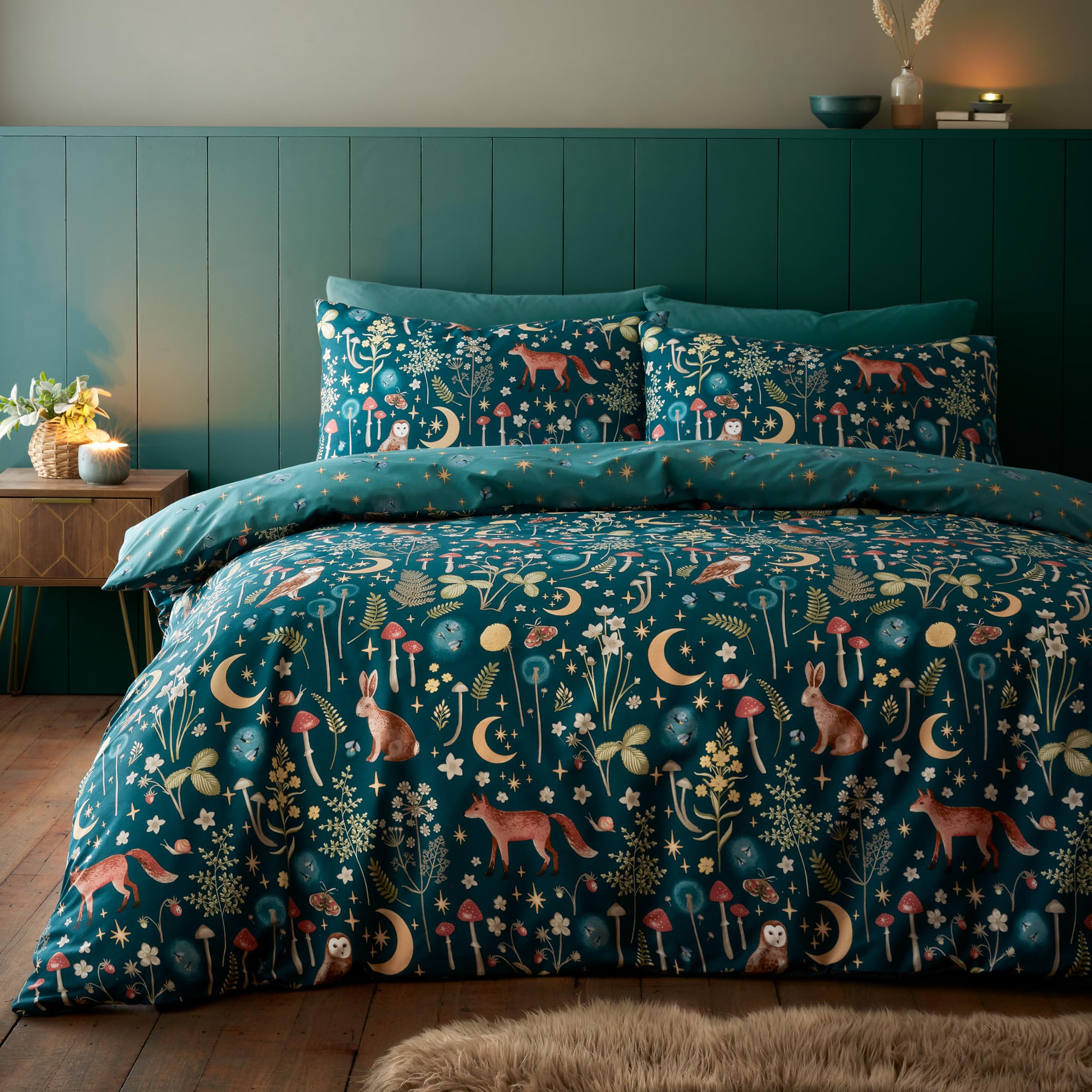 Catherine Lansfield Enchanted Twilight Reversible King Duvet Cover Set with Pillowcases, Forest Green 1
