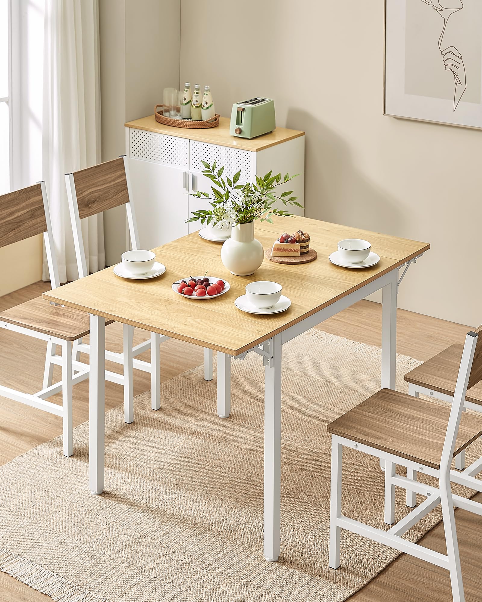 VASAGLE Folding Dining Table - Extendable Drop Leaf | Seats Multiple | Natural Oak + Cloud White