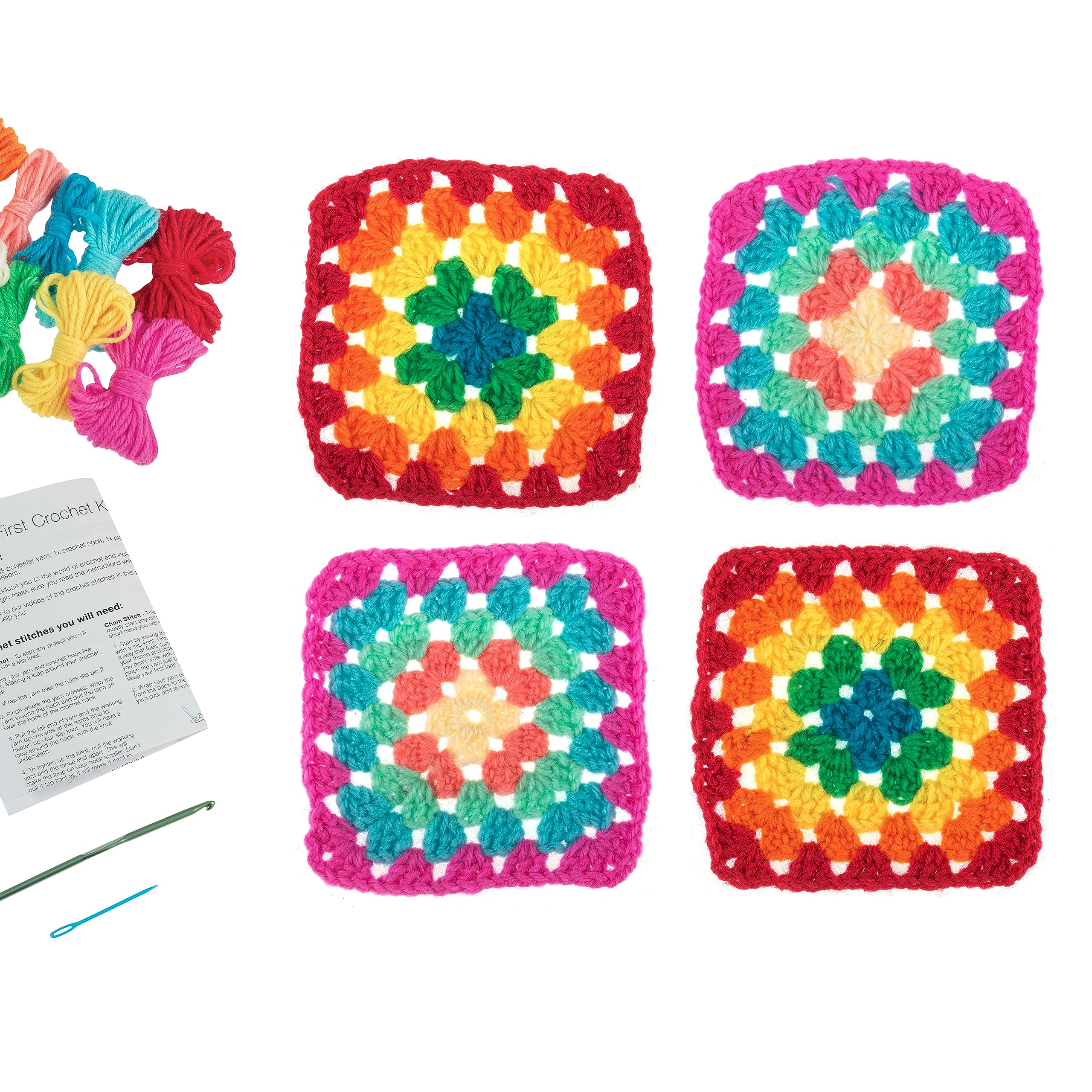 Trimits 'My First' Crochet Kit - Makes 4 Granny Squares | Polyester Yarn | Includes Hook 1