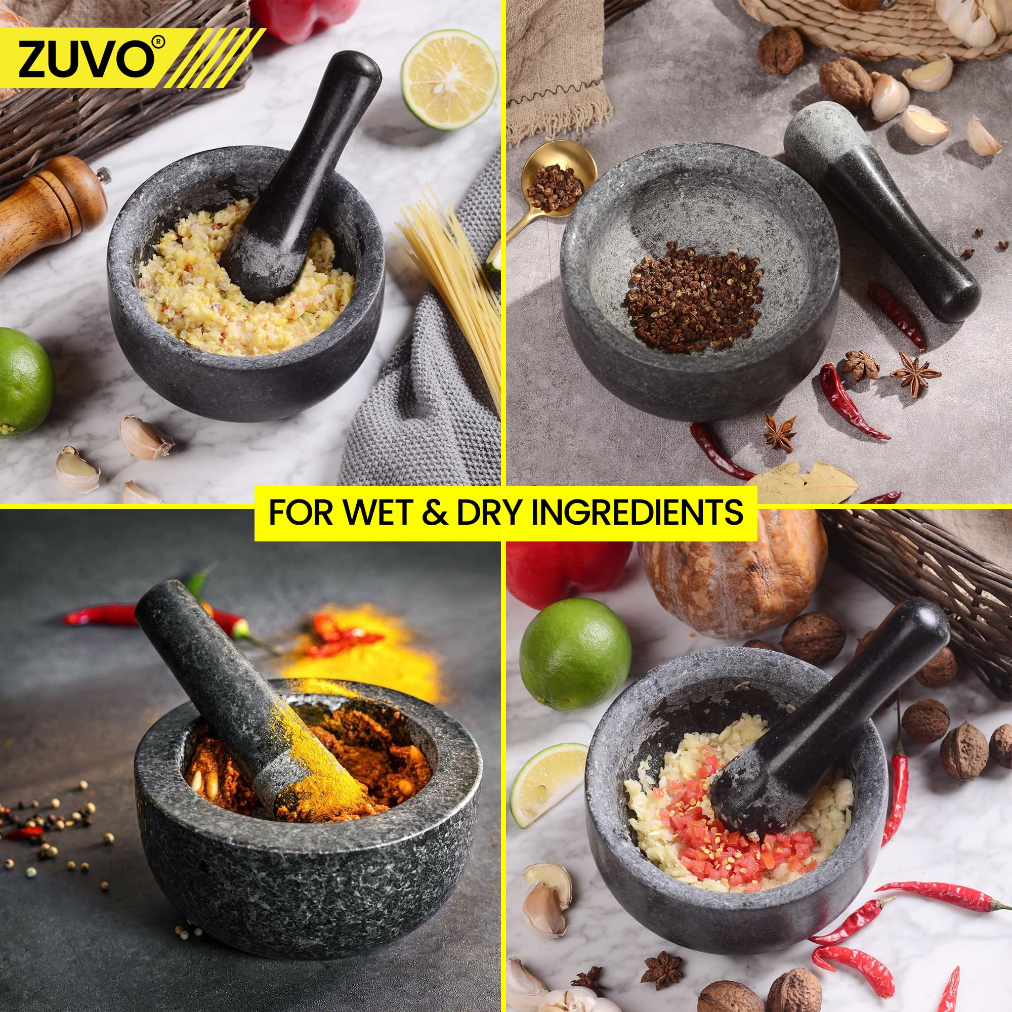 Zuvo Stone Mortar & Pestle Set - Premium Natural Stone | Black Finish | 3.56 kg 4
