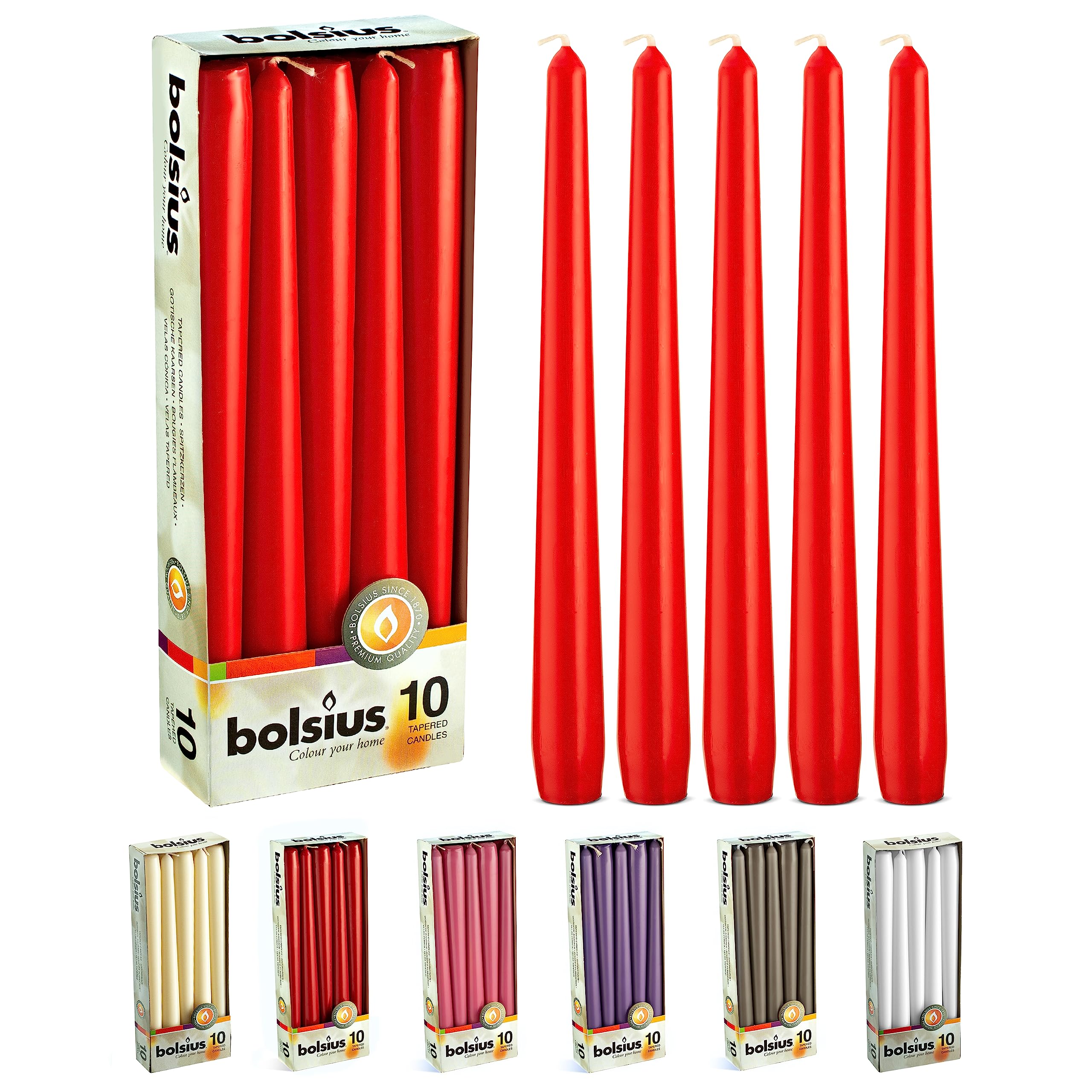 BOLSIUS Tapered Dinner Candles - 24.5cm Height, 7.5h Burn Time | 10 Pack | Red | Unscented 1
