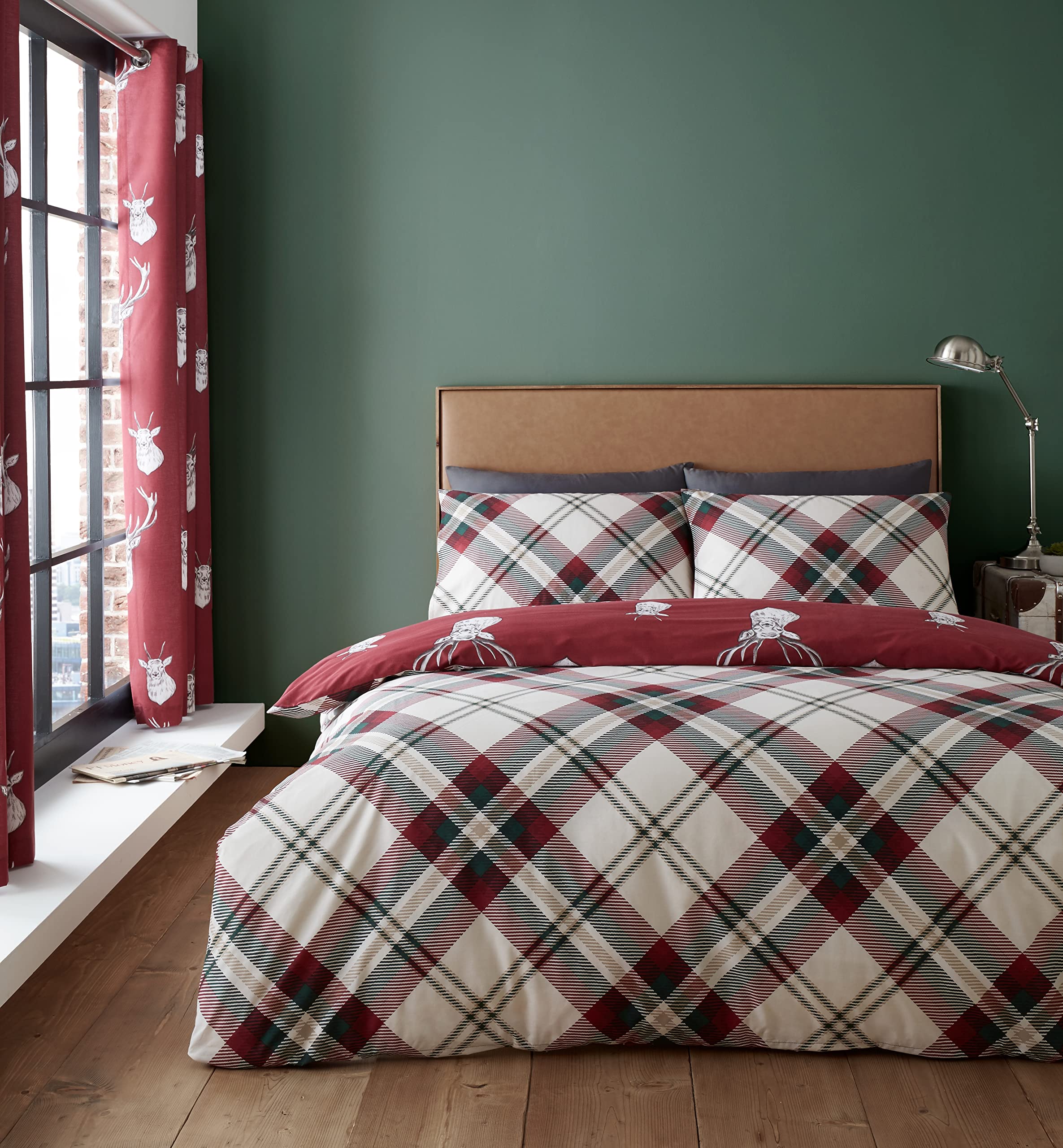 Catherine Lansfield Munro Stag Check Reversible Double Duvet Cover Set | Red | Polycotton 2