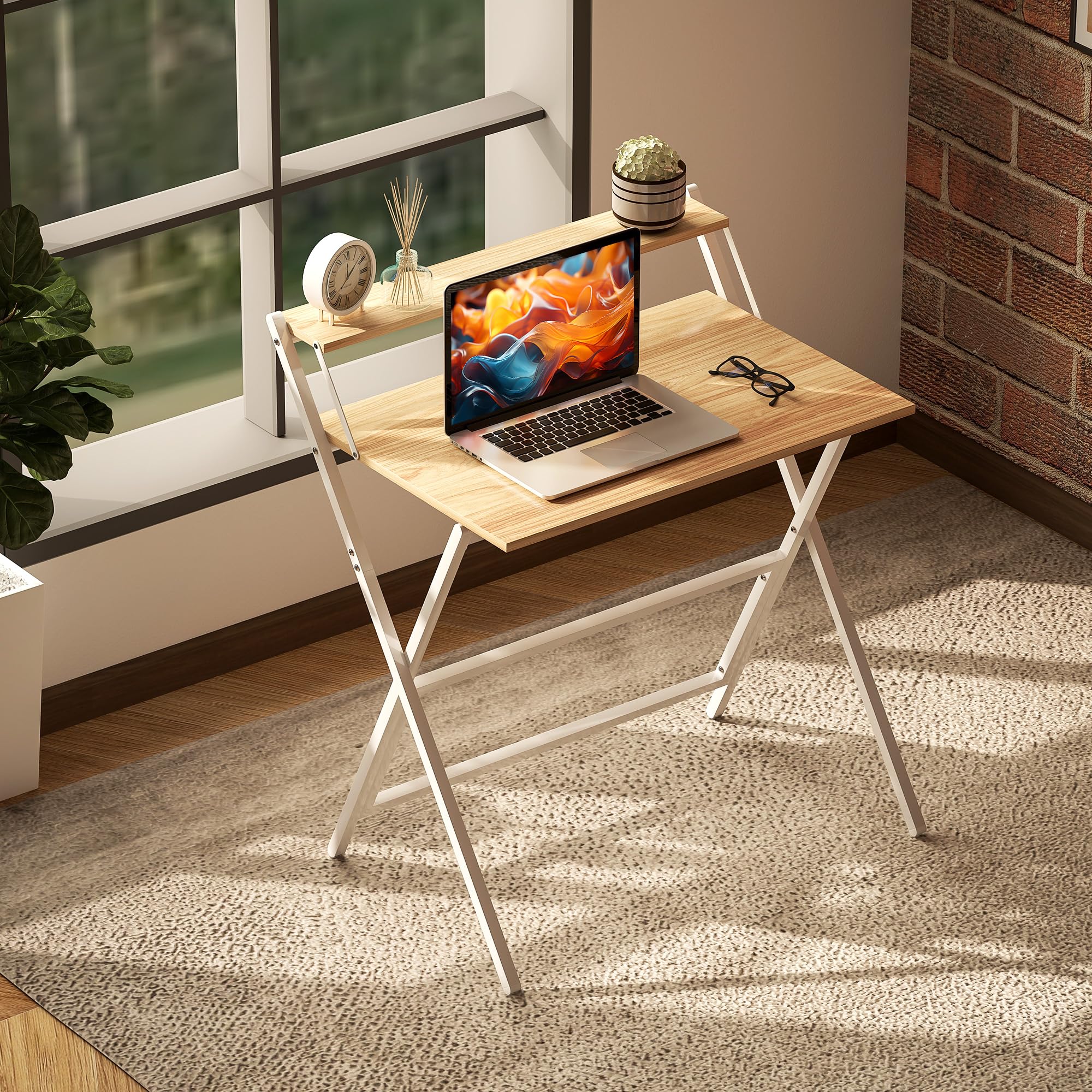 HOMCOM Folding Desk with Monitor Shelf - 81.5 cm Wide, Compact, Foldable | Natural Wood Finish 8