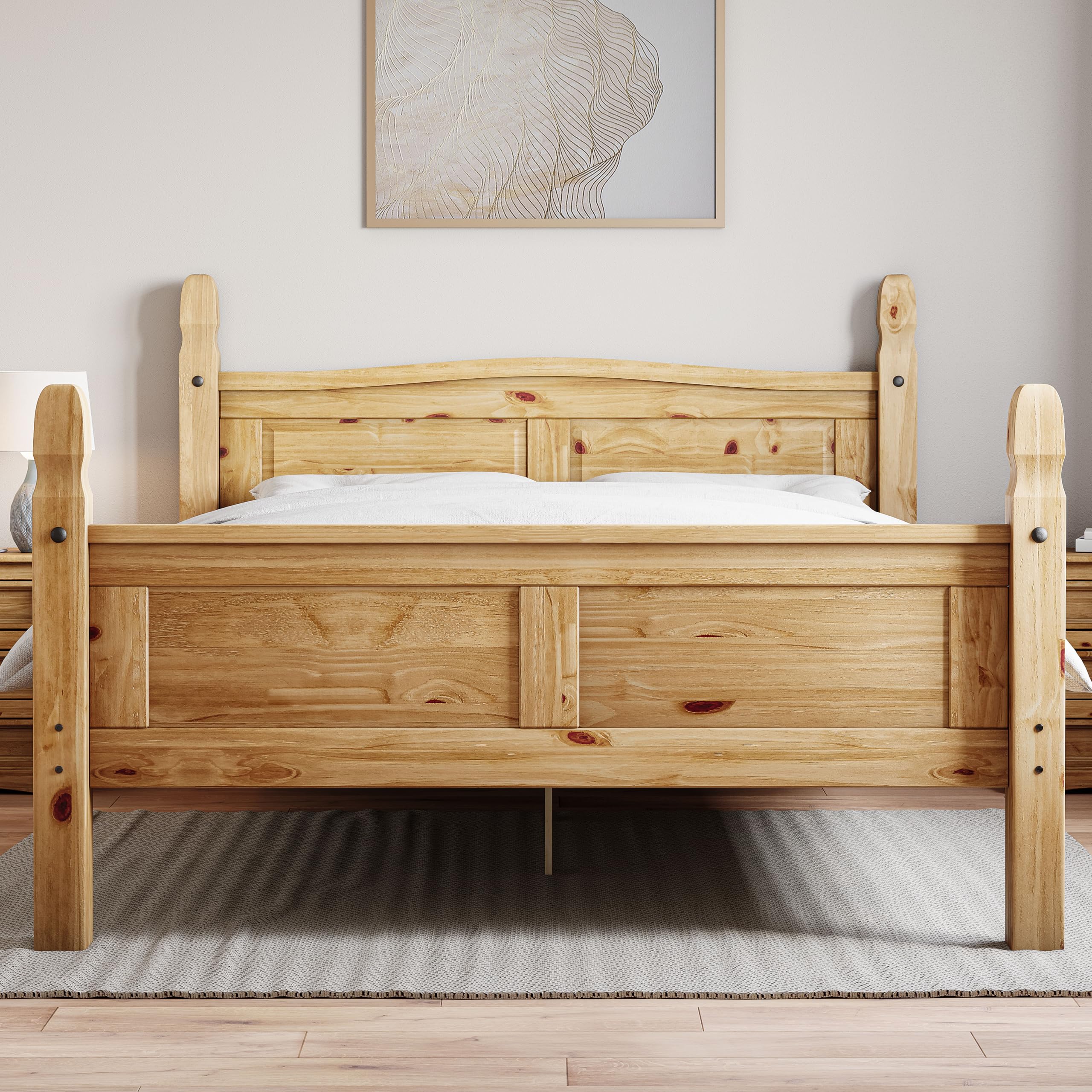 Vida Designs Corona Solid Pine Wood Bed Frame - Double Size | High Foot End | Waxed Finish 3