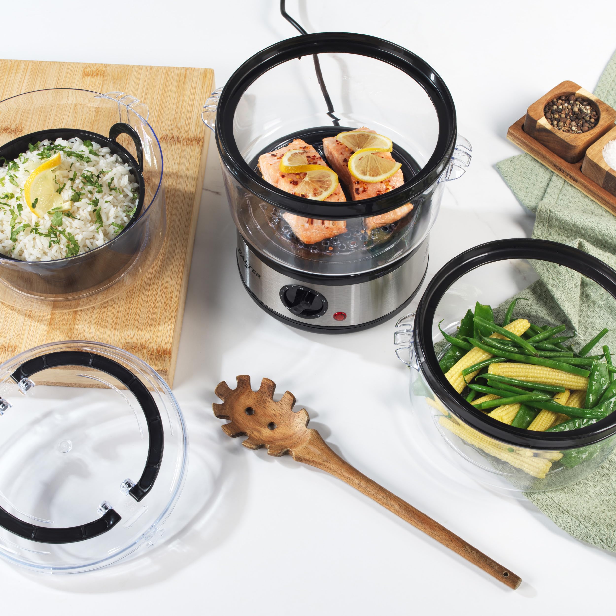 Salter Electric Food Steamer - 7.5L Capacity, 3-Tier Stackable Baskets | 500W | Stainless Steel 6