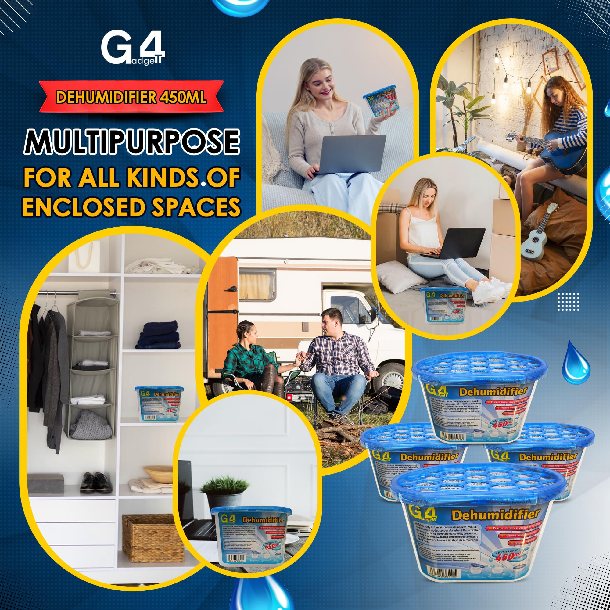 G4GADGET Disposable Dehumidifier Moisture Absorbers - Pack of 4 | 450ml Capacity | Portable 8