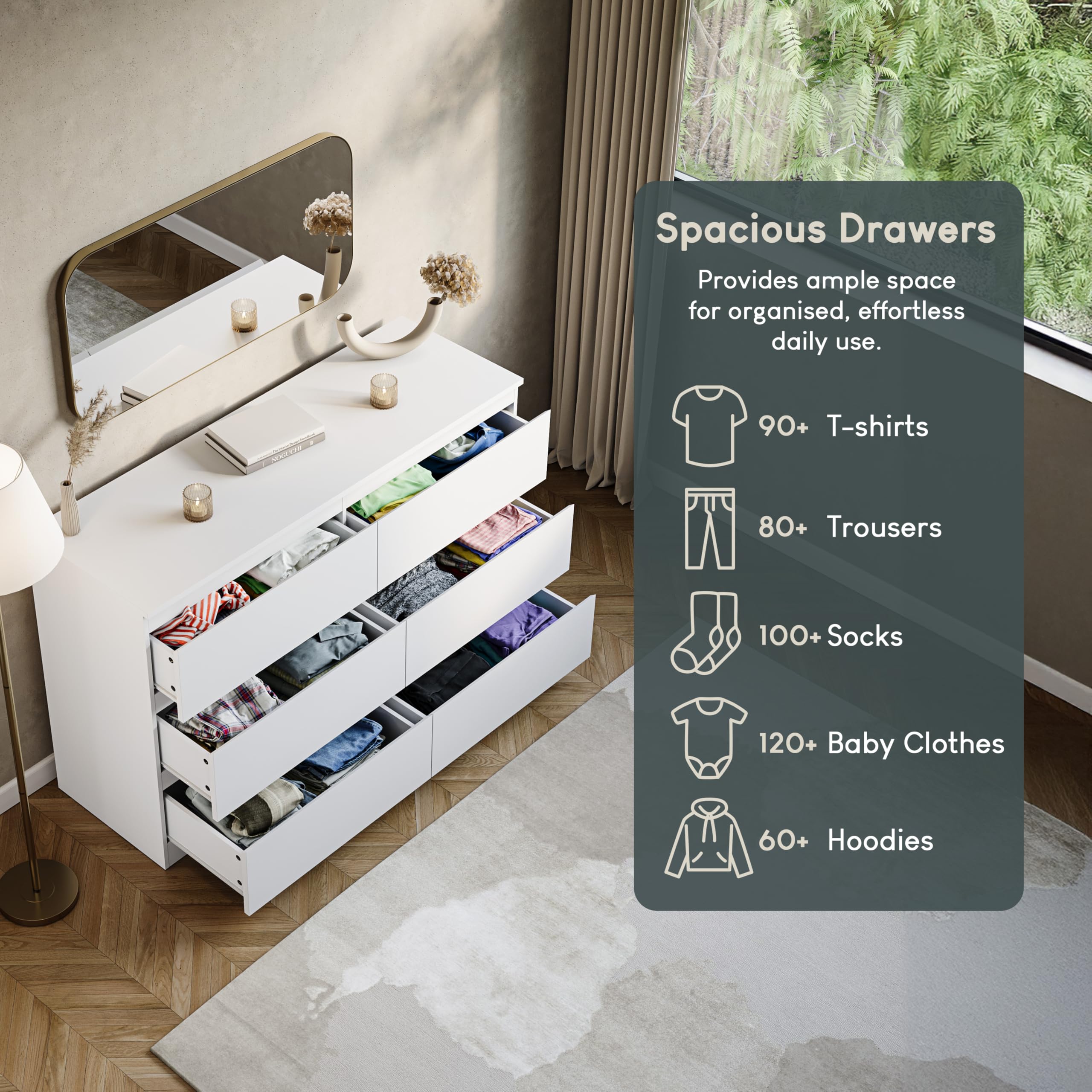 Vida Designs Denver 6 Drawer Chest of Drawers - White Wooden Storage Unit | 40D x 120W x 77H cm 4
