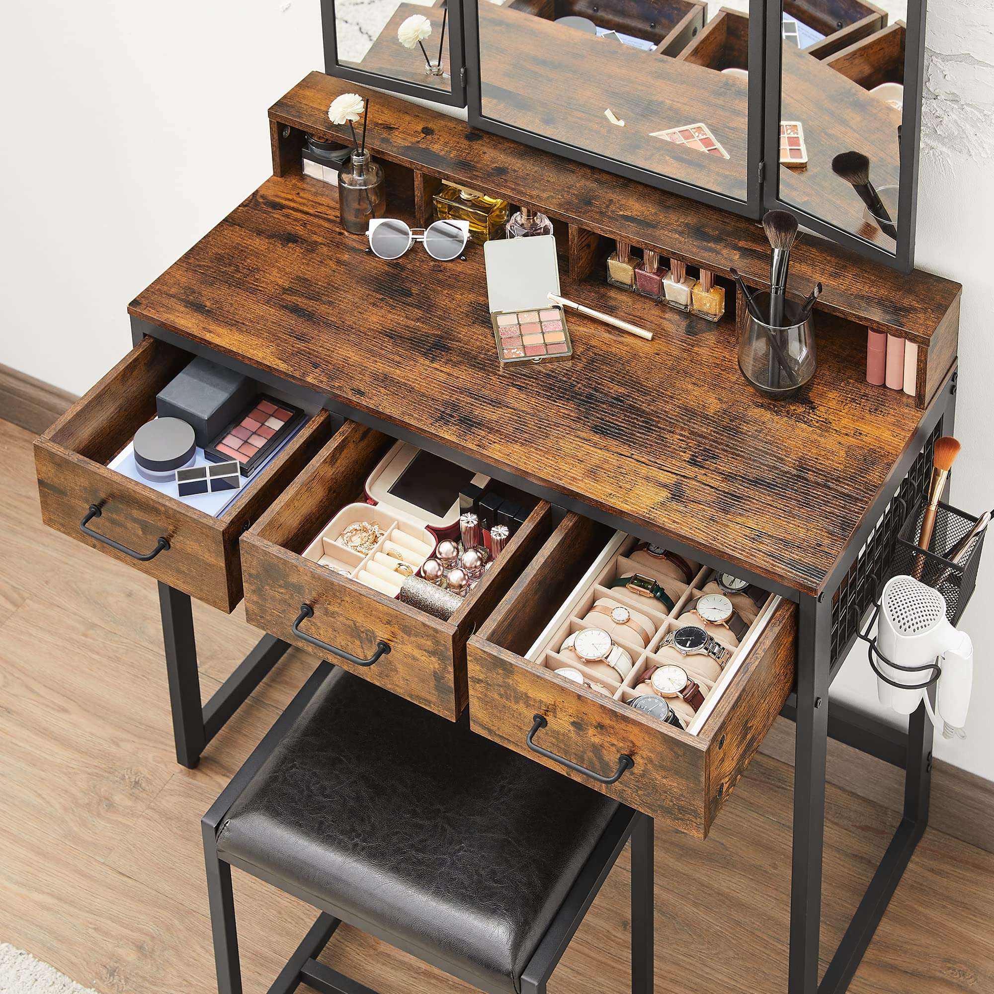 VASAGLE Dressing Table with Tri-Fold Mirror and Stool | 3 Drawers | Industrial Style | Rustic Brown/Black 7