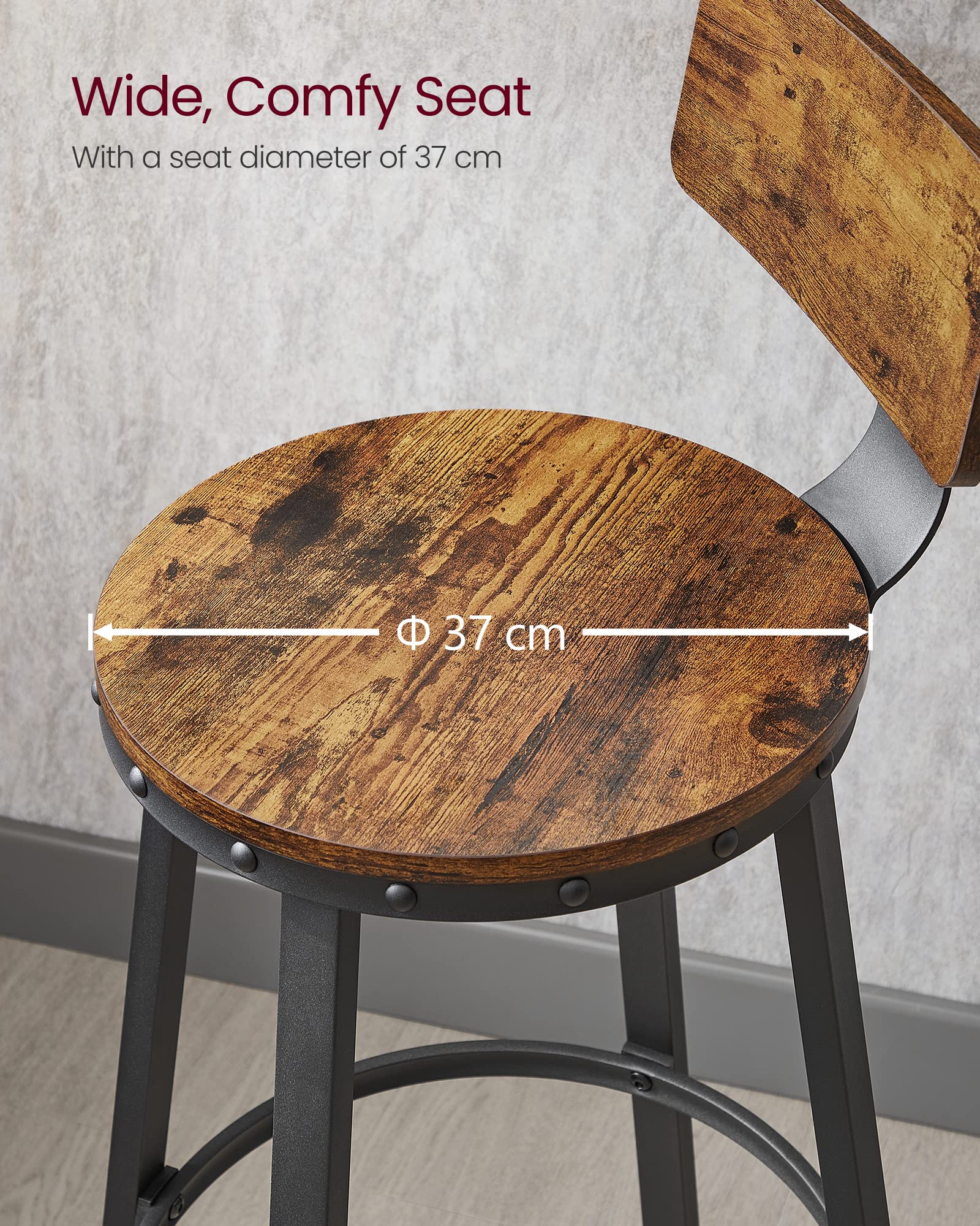 VASAGLE Bar Stools Set of 2 - Industrial Style with Backrest | Rustic Brown & Black | 100kg Capacity 3
