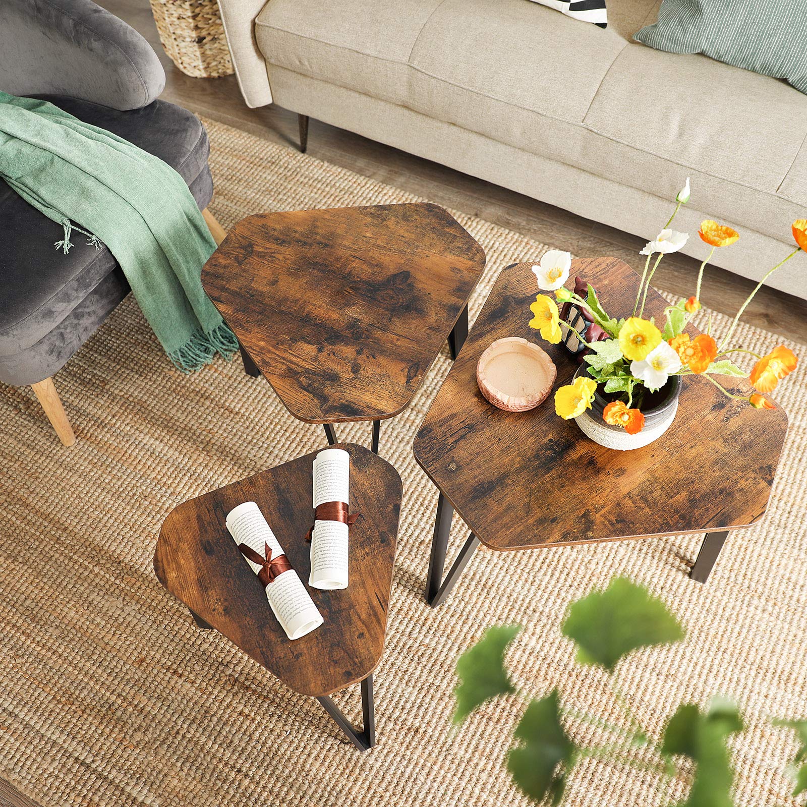 VASAGLE Nesting Coffee Table Set of 3 End Tables for Living Room | Rustic Brown + Black | Industrial Style 7