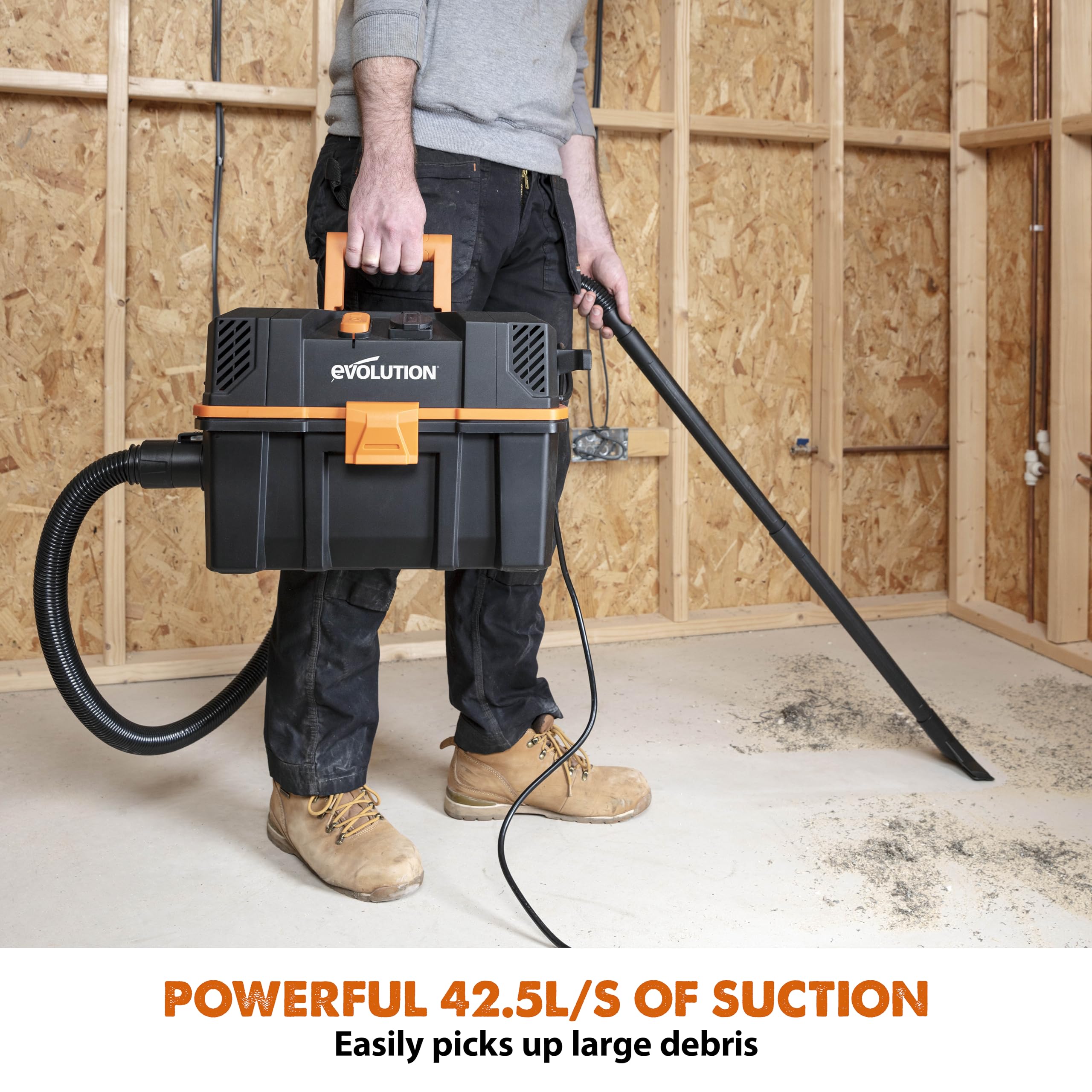 Evolution Power Tools R15VAC Wet-Dry Vacuum Cleaner | 1000W | 42.5L/S Suction | Orange 6