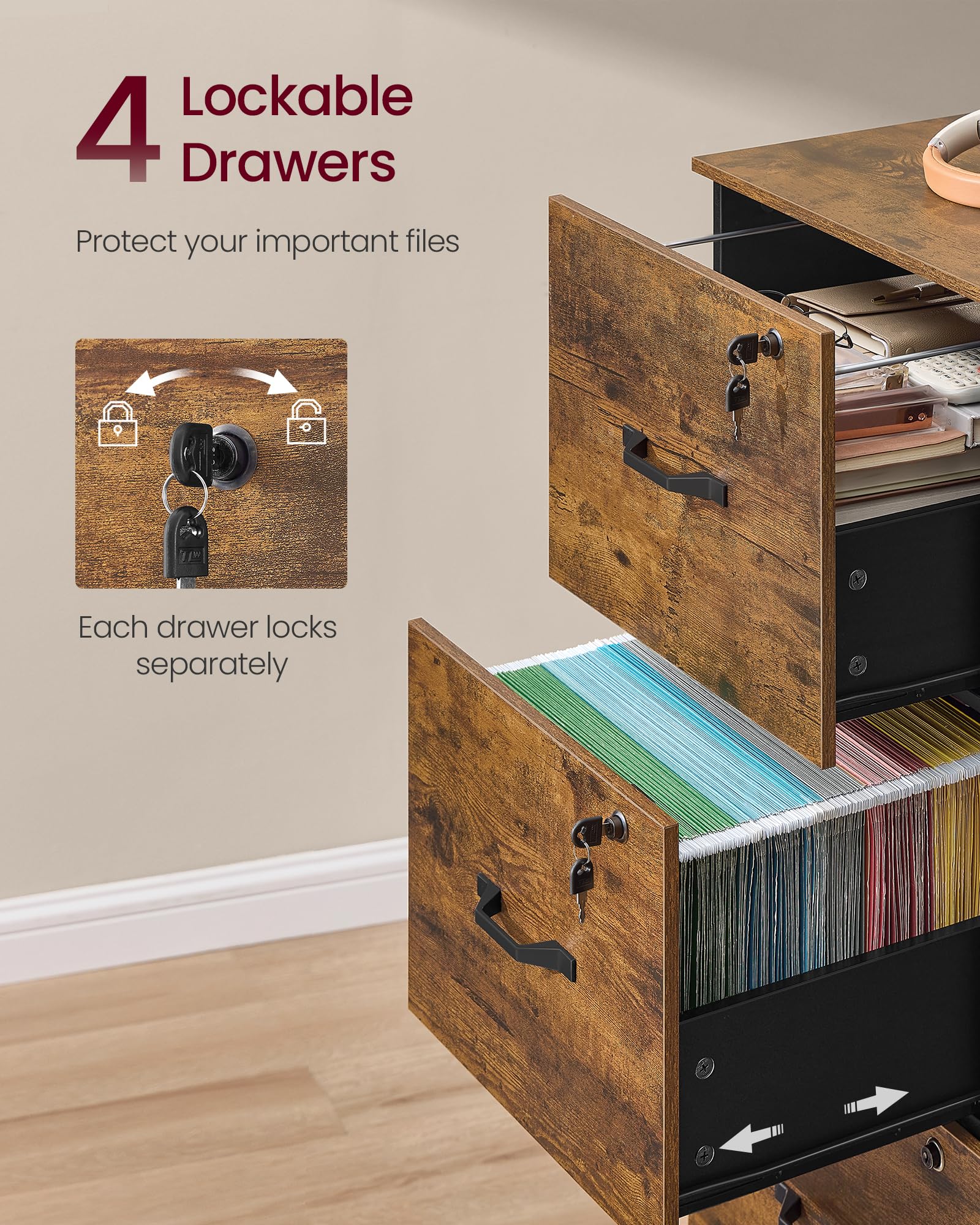 VASAGLE Vertical File Cabinet - 4 Lockable Drawers, Adjustable Rails for A4/Letter Files | Rustic Brown/Ink Black 4