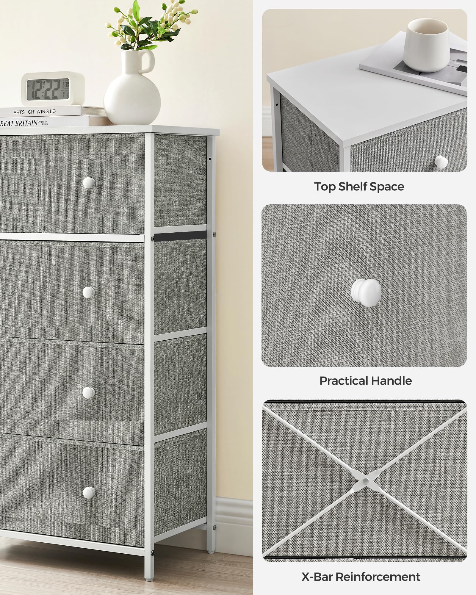 SONGMICS 5-Drawer Fabric Storage Organiser Unit - Light Grey/White | 30x56x93 cm 7