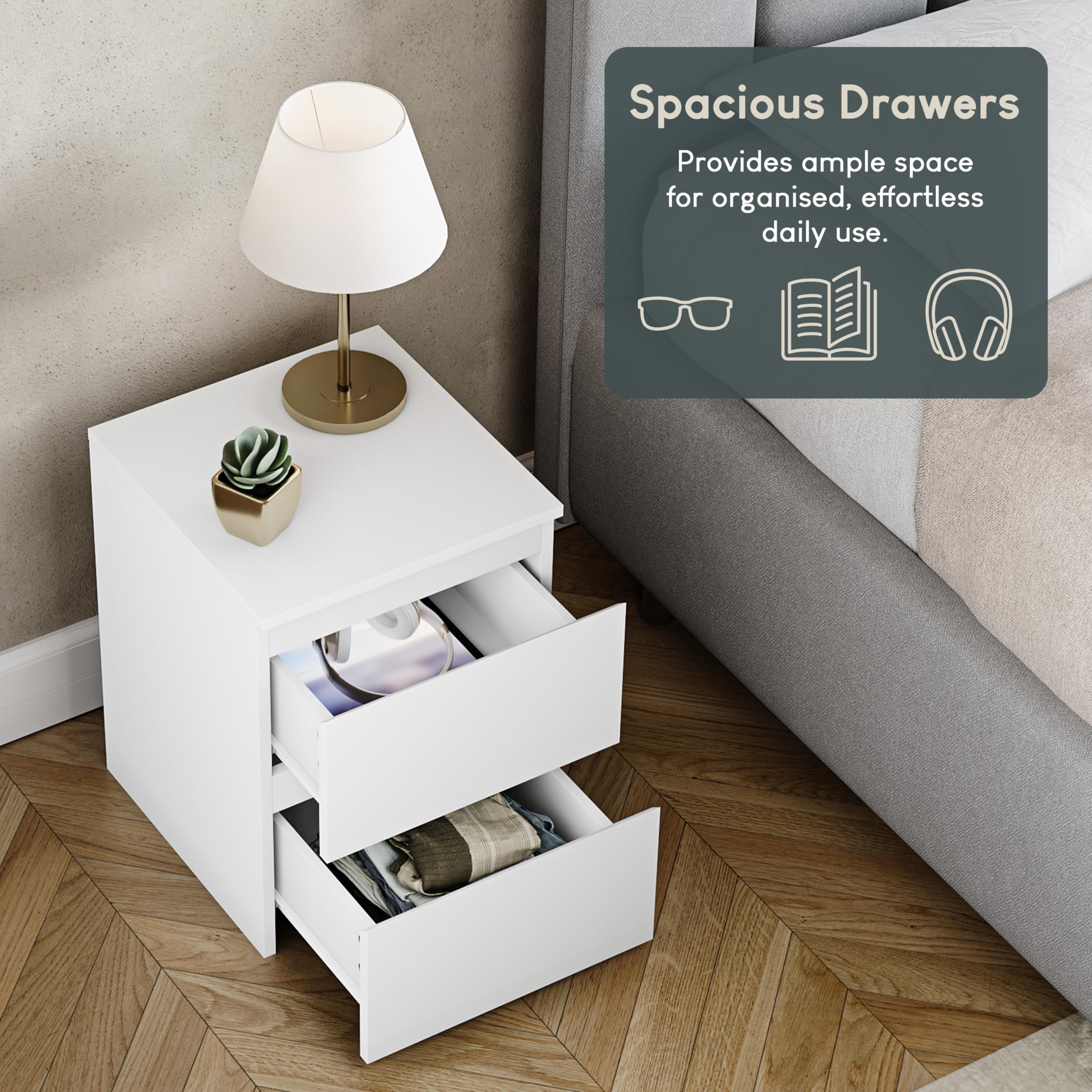 Vida Designs Denver 2 Drawer Bedside Chest - Modern Style | H: 40 x W: 29.5 cm | White 6