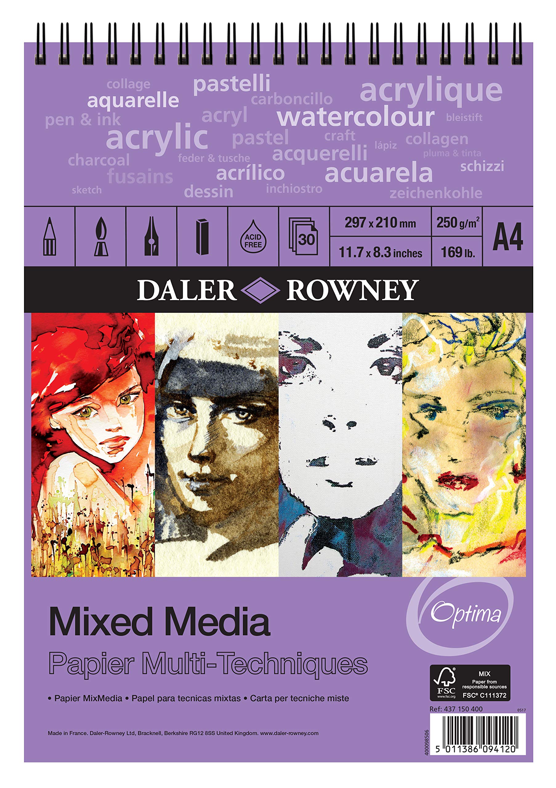 Daler Rowney Optima Mixed Media Paper Spiral Pad - 250 gsm | A4 | 30 Sheets 1