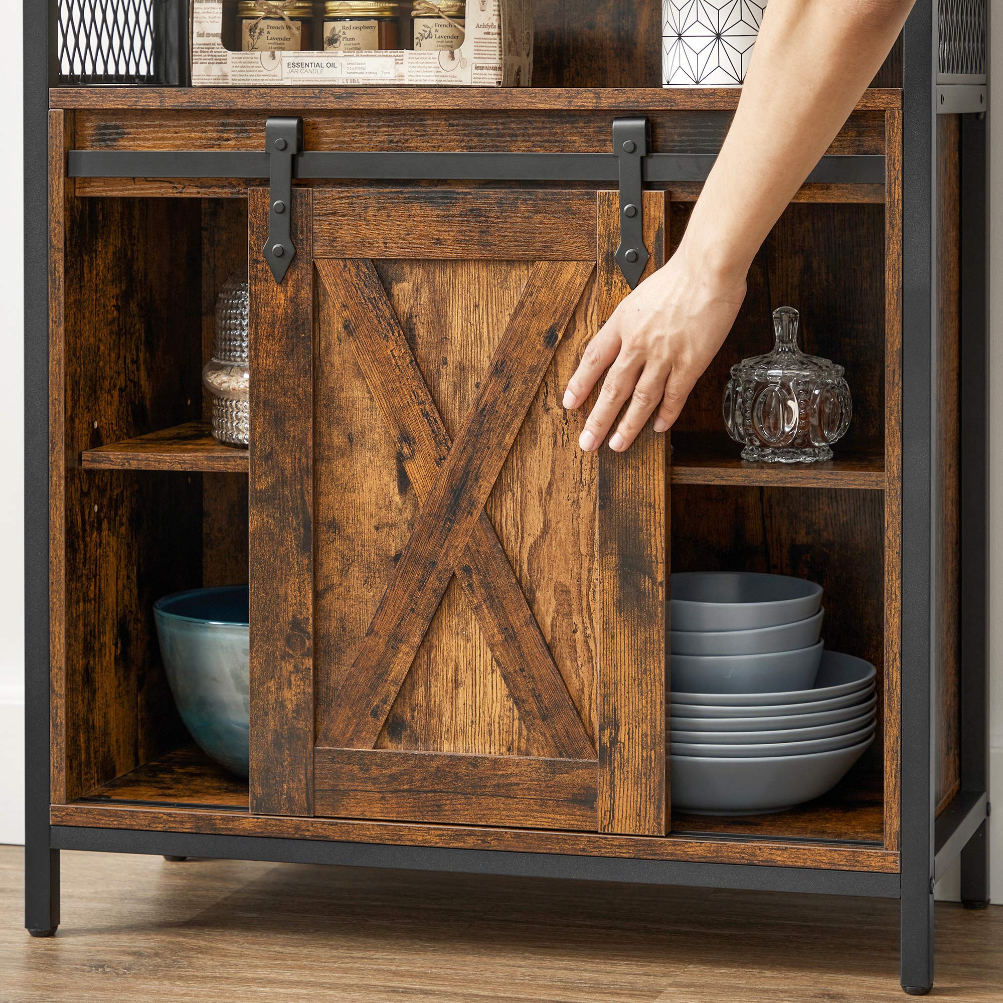 VASAGLE Industrial Style Sideboard Storage Cabinet with Sliding Barn Door | Rustic Brown & Black | 70x30x80 cm